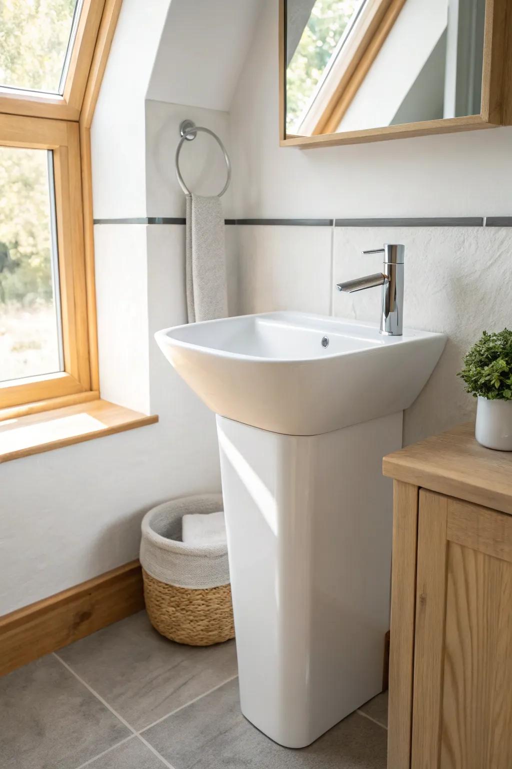 A corner sink frees up precious standing room—perfect for a tiny half bath that feels closet-sized.