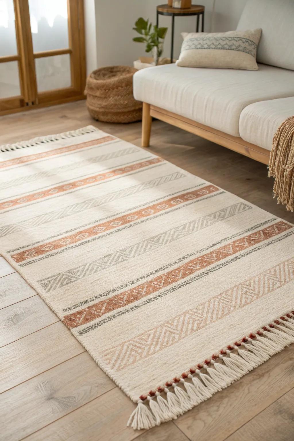One beautiful rug instantly defines a living zone in the tiniest studio—simple, cozy, intentional.