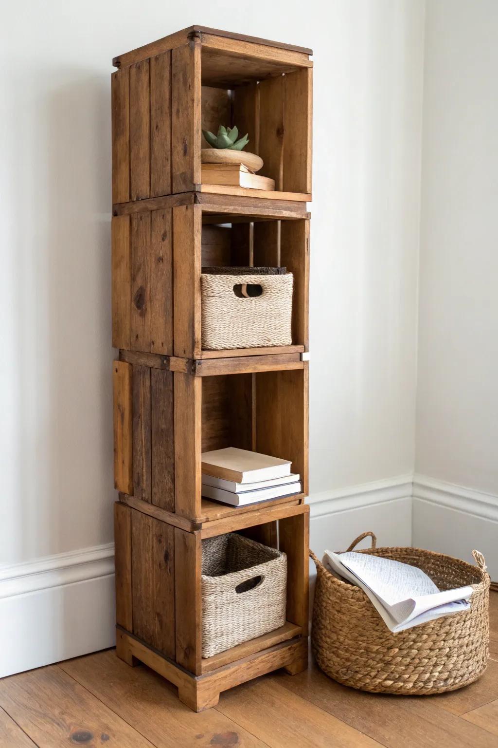 Stack vintage wooden crates into a slim shelf tower—warm, rustic vertical storage for small spaces.