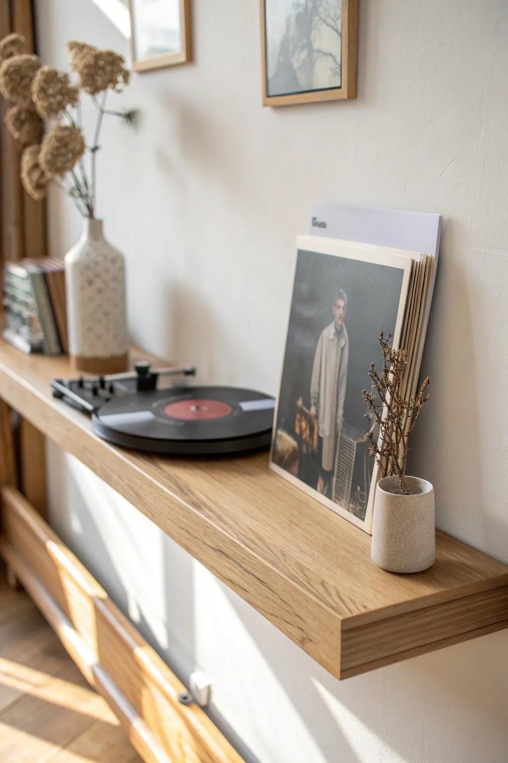 A floating now-playing ledge keeps your current vinyl cover styled—no extra floor space needed.