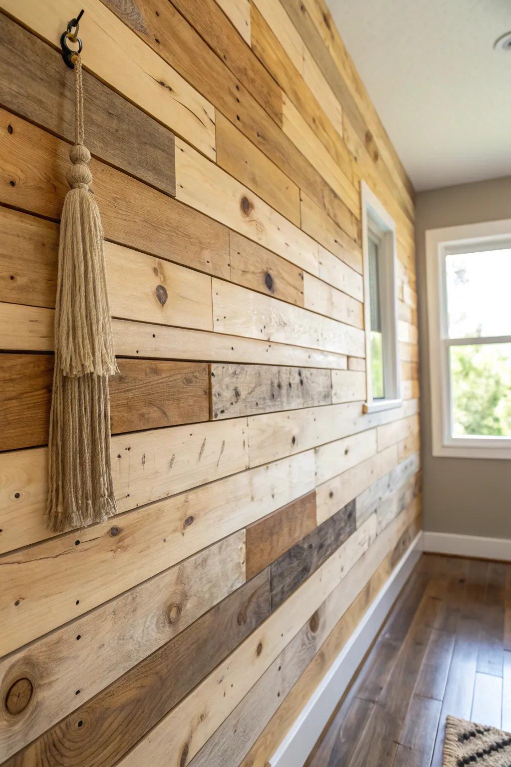 Horizontal pallet plank accent wall: warm reclaimed wood tones with modern Scandinavian calm.