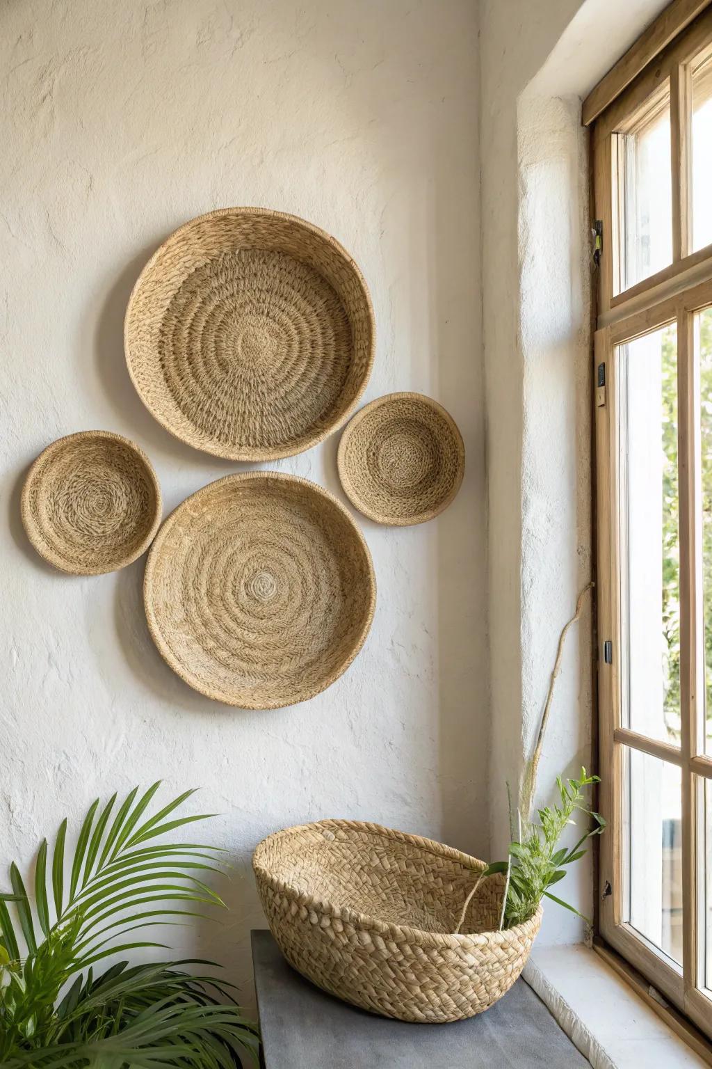 Classic basket wall cluster: one statement basket centered, smaller woven pieces for texture.