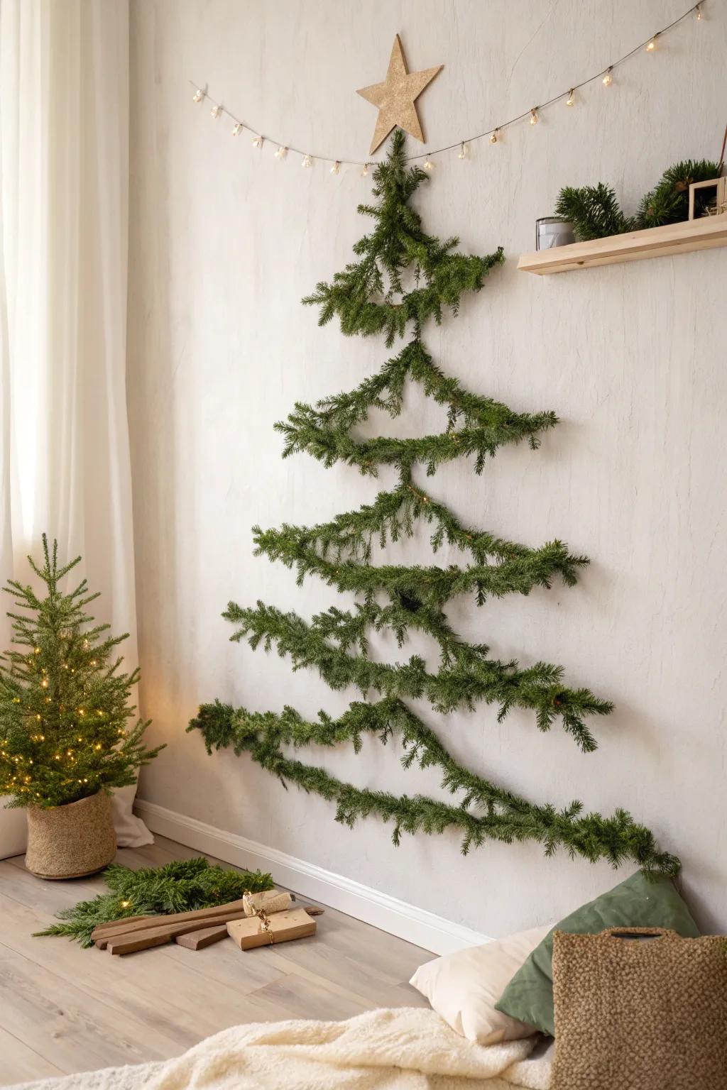 A space-saving zig-zag garland tree—full, festive, and perfectly minimal for small walls.