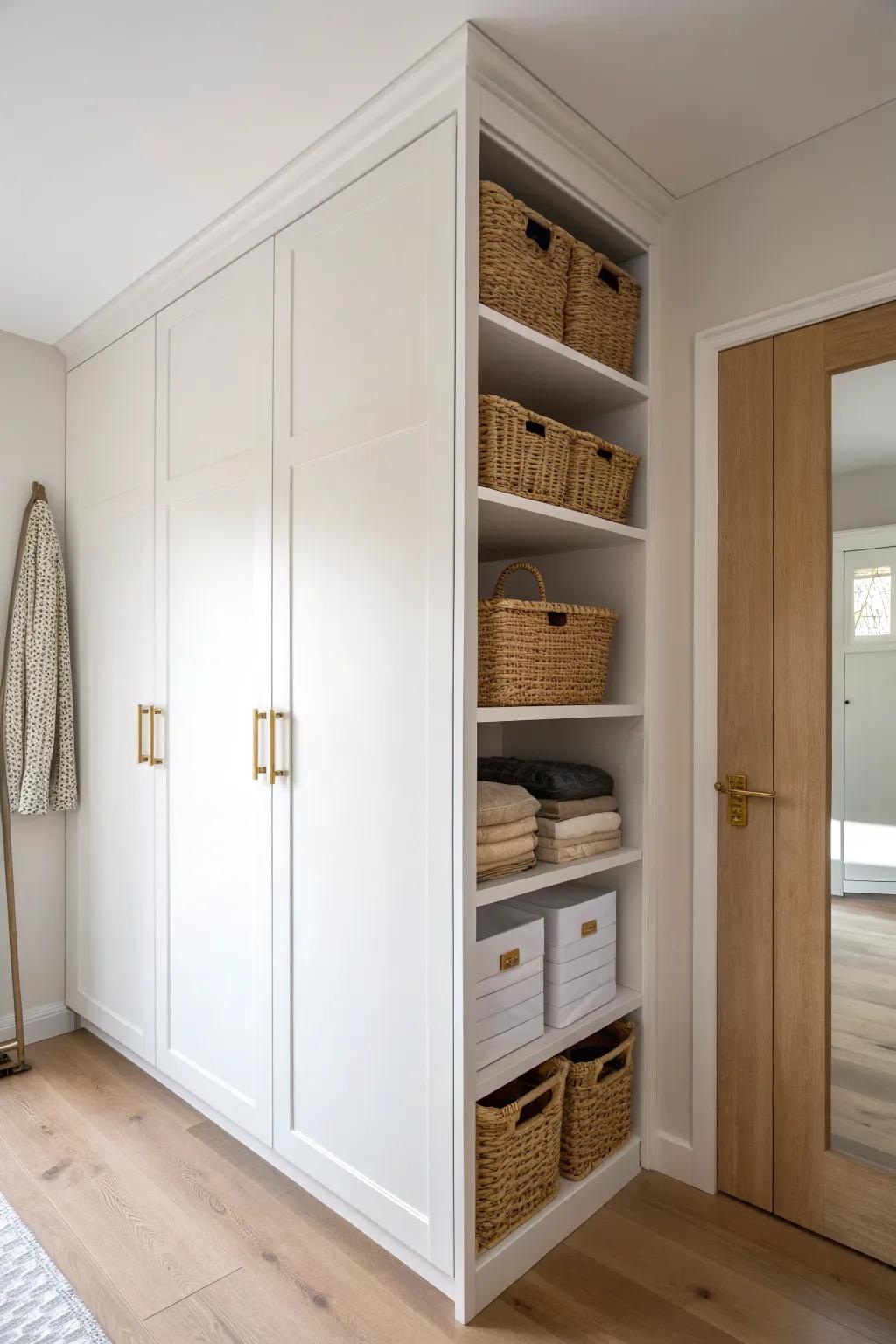 A floor-to-ceiling built-in closet that maximizes vertical space—top shelf for seasonal storage.