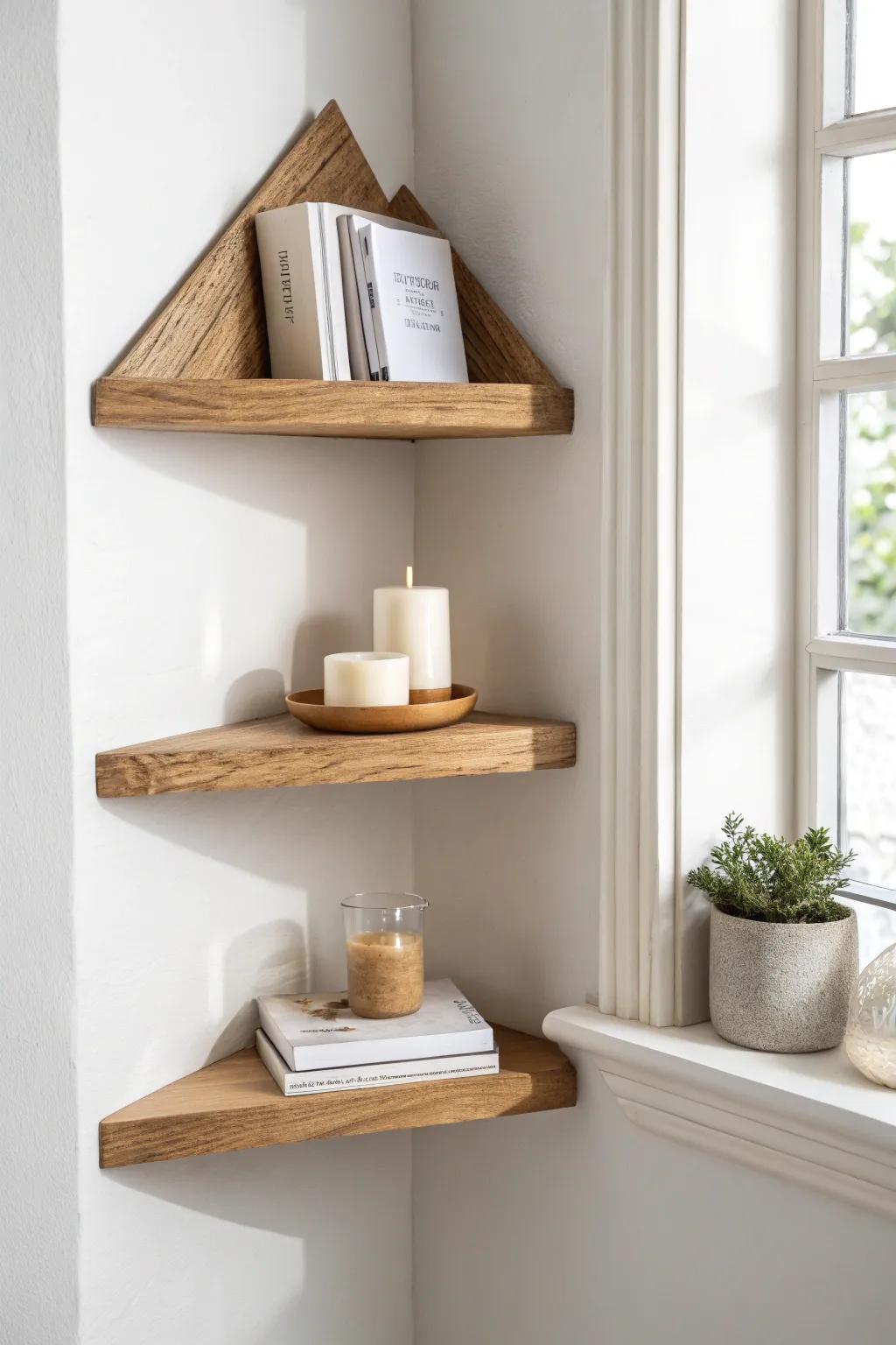 Light oak floating corner shelves turn an unused corner into a calm, airy display moment.
