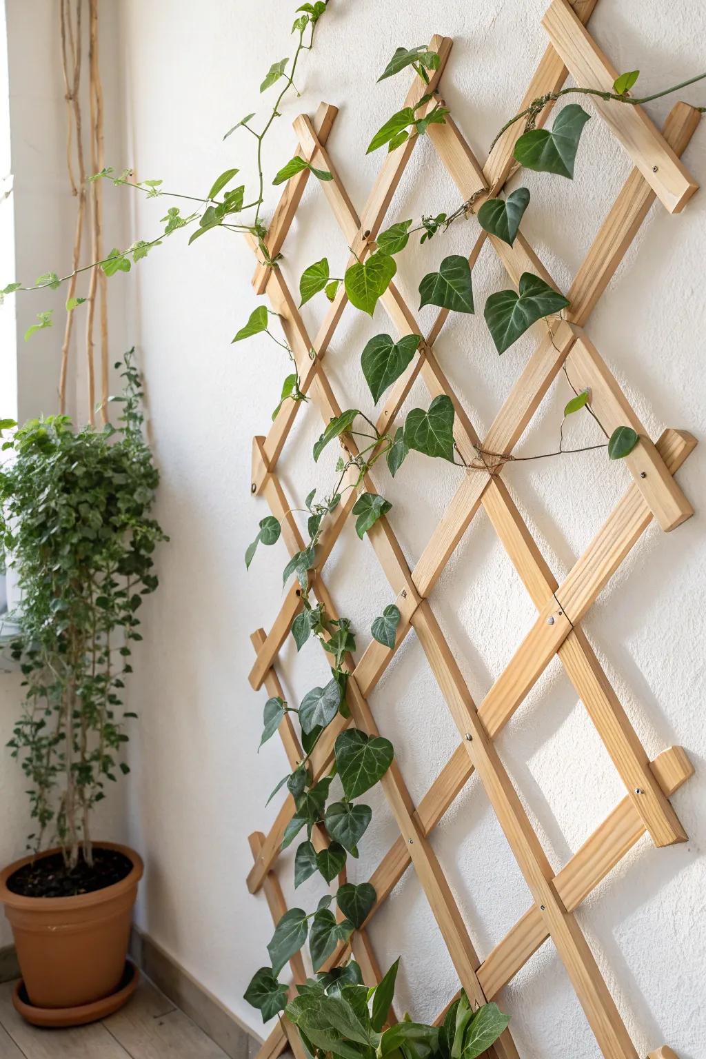 A simple wall trellis lets climbing vines rise up—lush vertical garden style for tiny spaces.