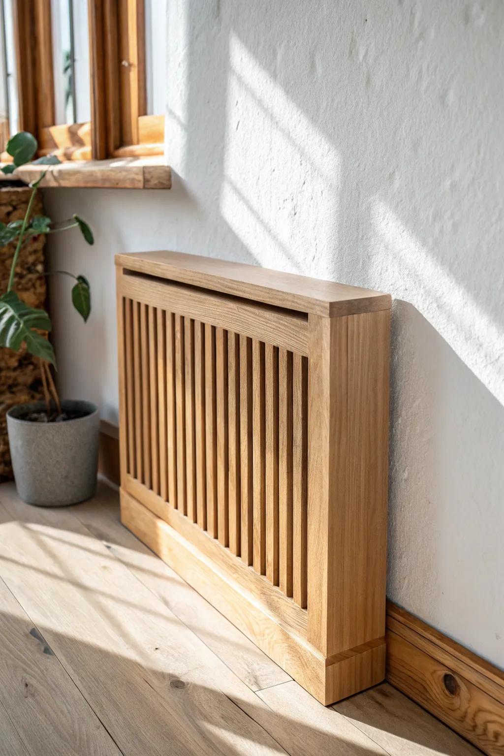 Light oak slatted heater cover—minimal, airy, and custom-looking with heat-friendly gaps.