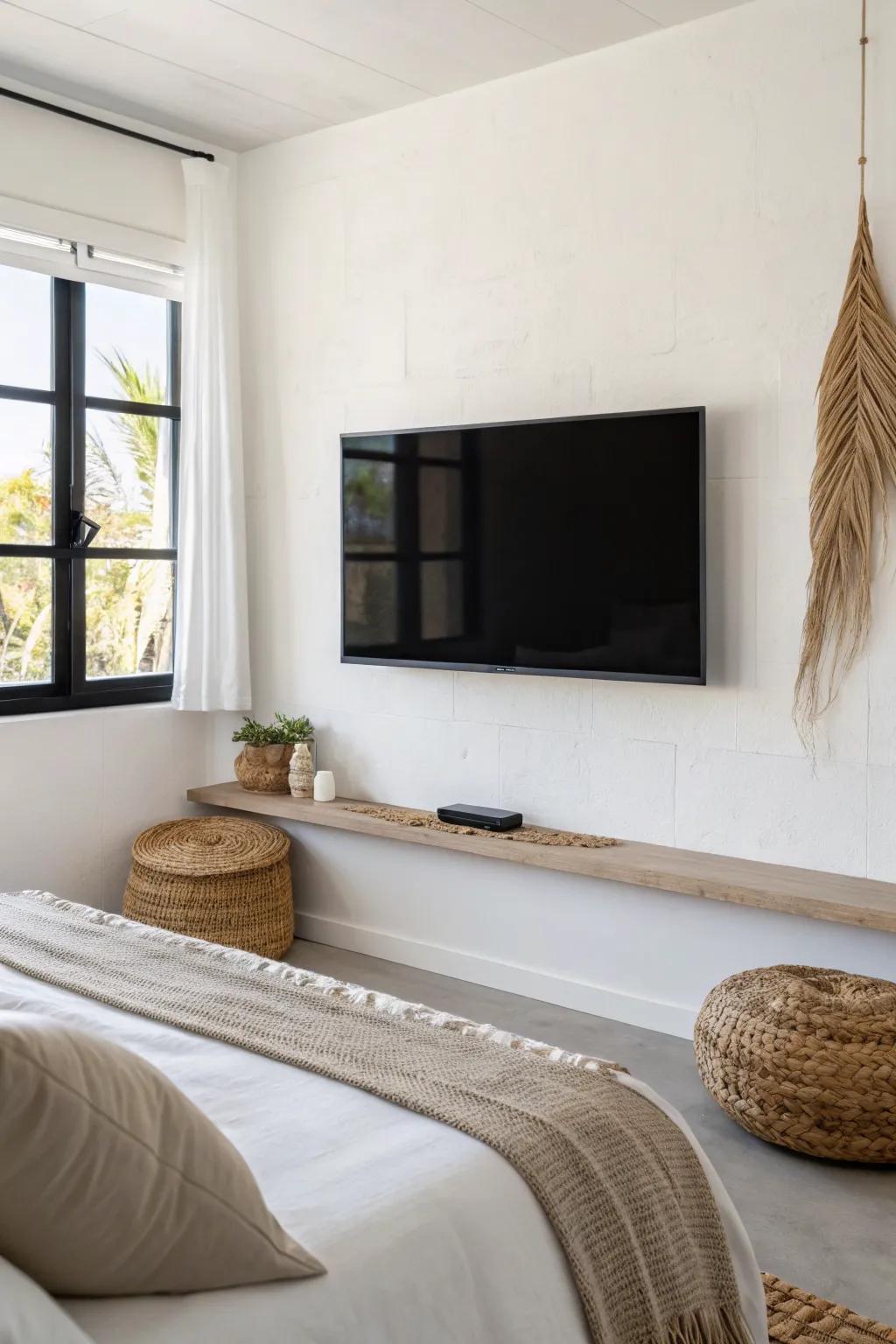 Classic wall-mounted TV across the bed—clean lines, calm bedroom, and a serene minimalist vibe.