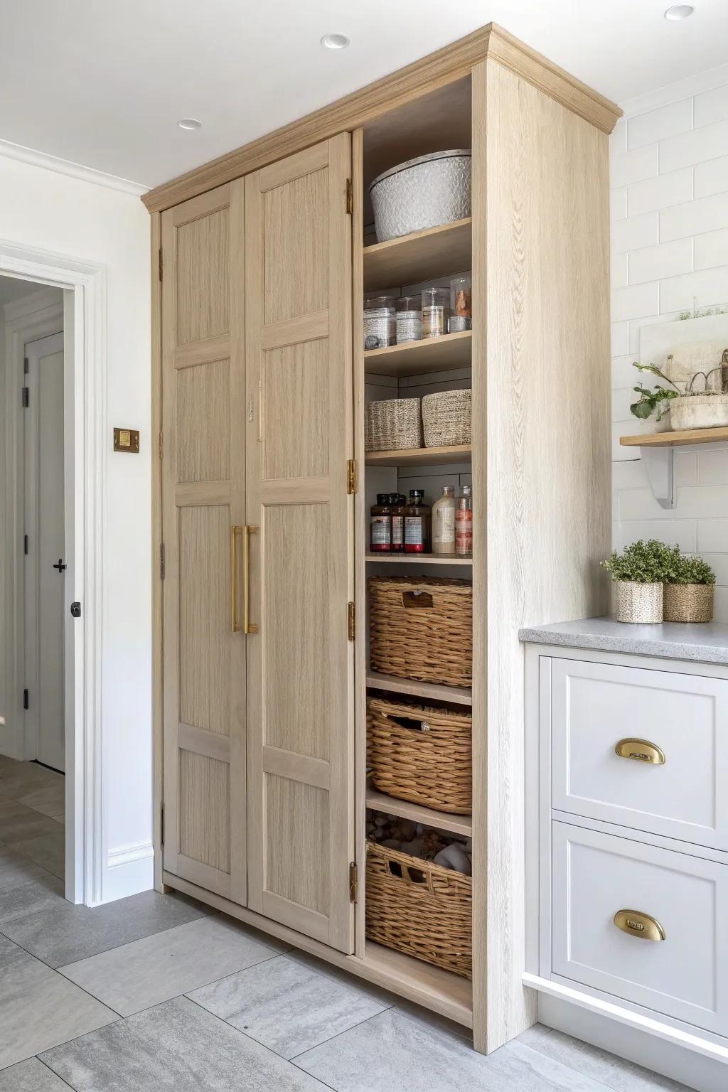 A sleek floor-to-ceiling pantry wall that turns vertical space into a calm backstock zone.