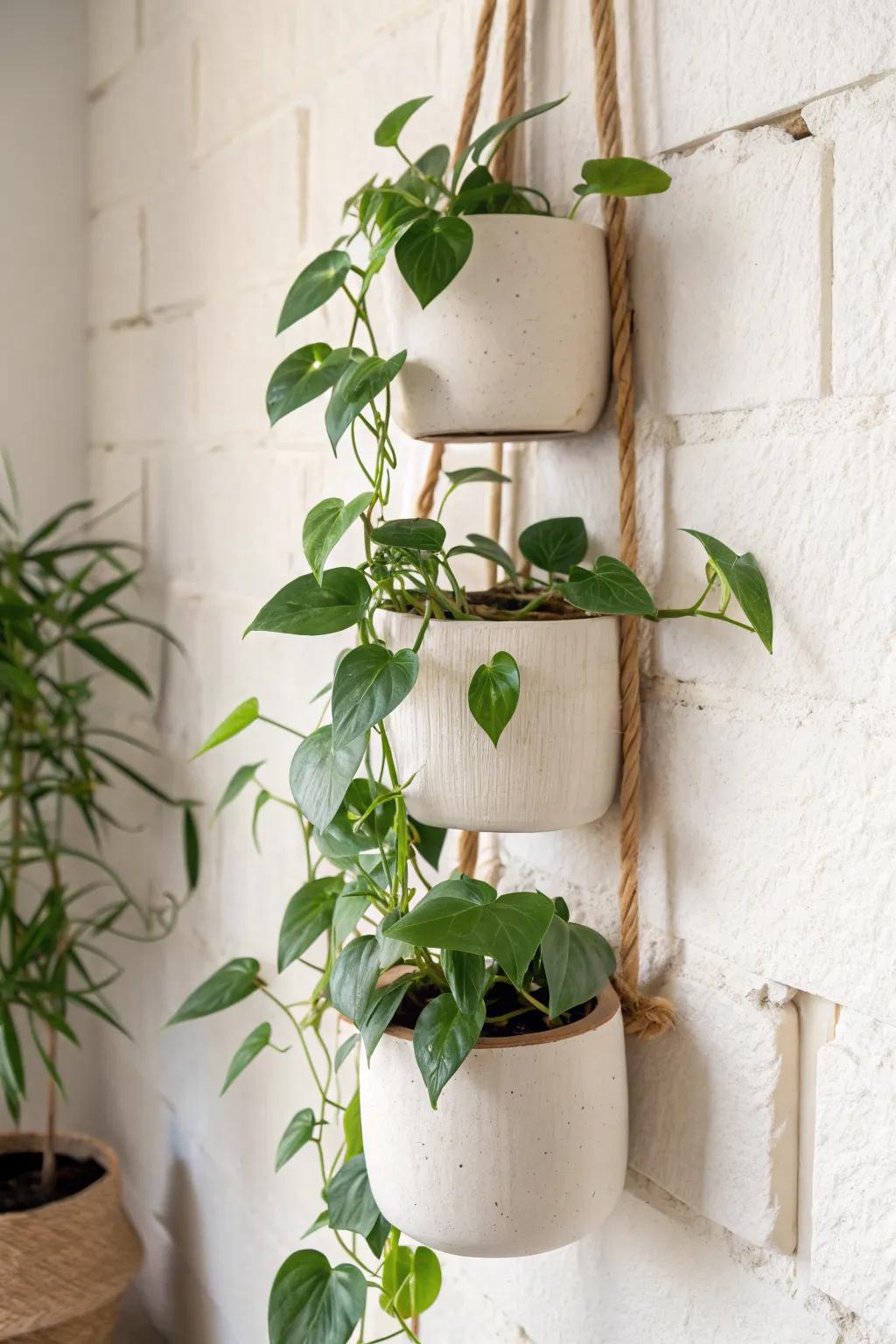 A calm cluster of matching wall planters—instant living art for the smallest spaces.
