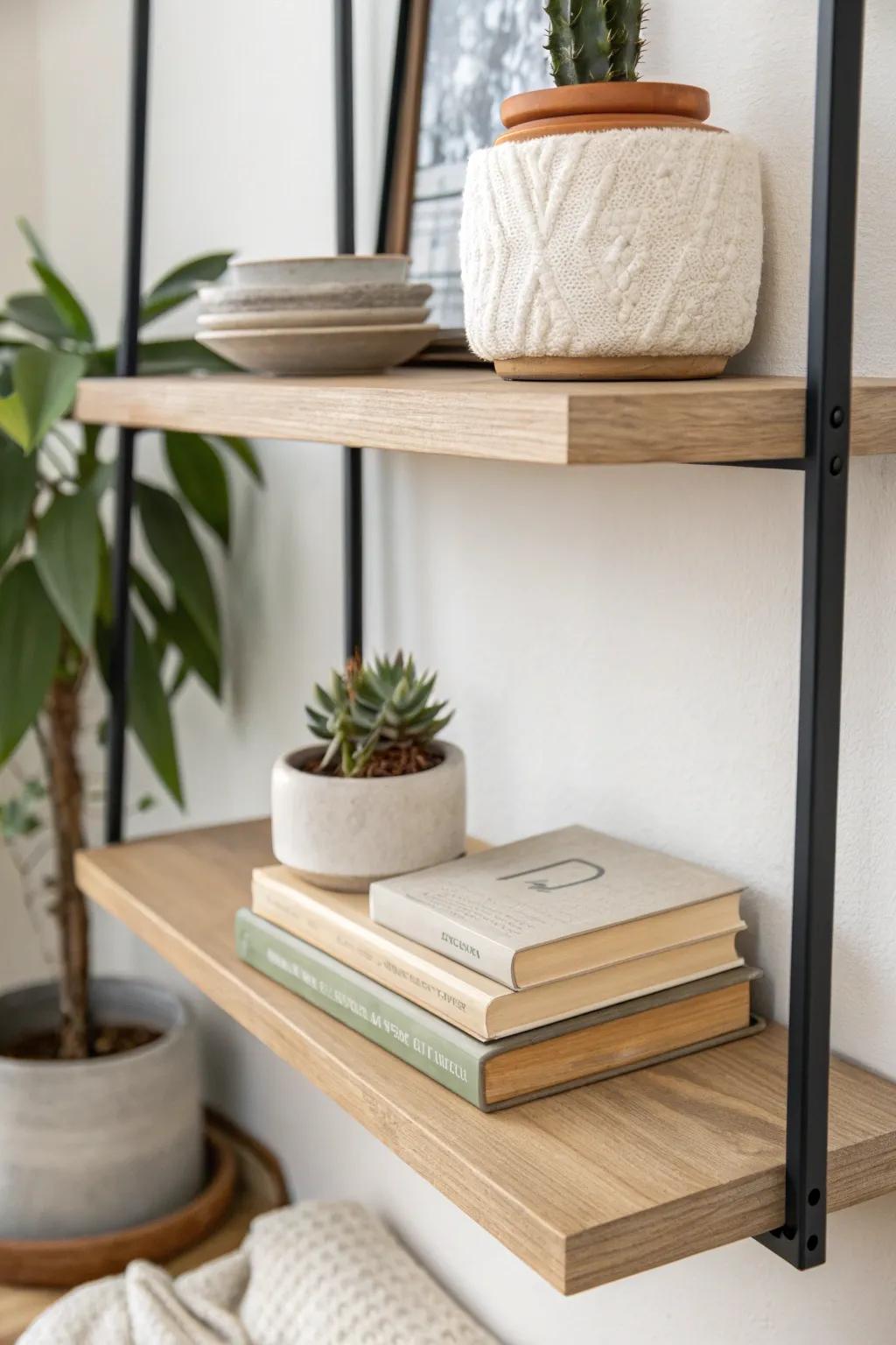Leaned frame + stacked books + tiny plant: the effortless shelf formula for small spaces.