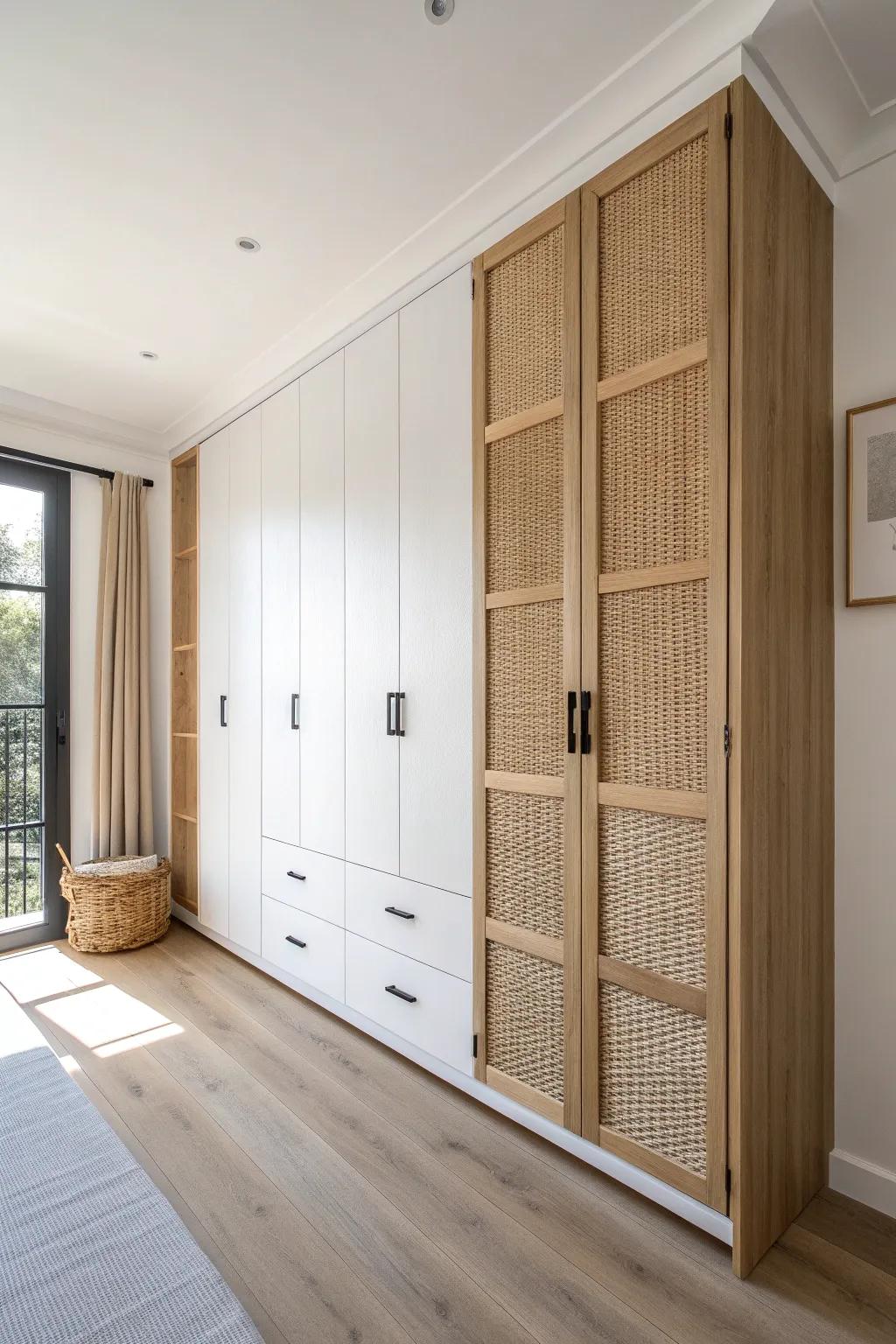 Floor-to-ceiling built-in closet wall that feels like architecture—clean, tall, and dust-free.