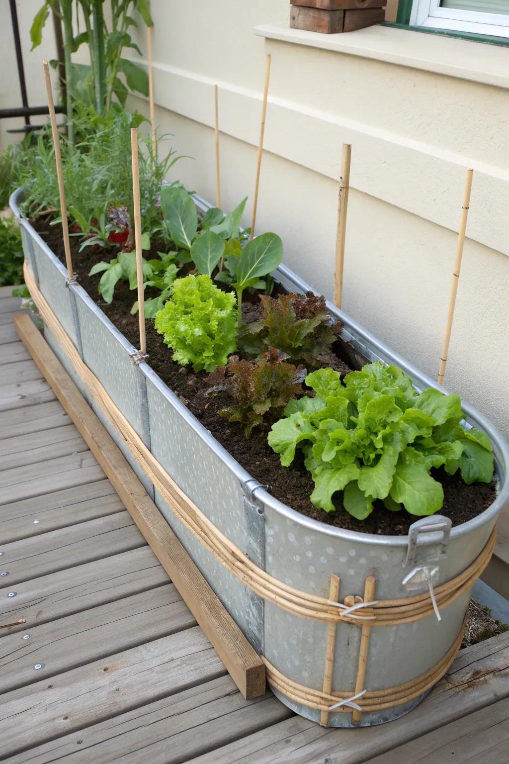 Classic galvanized trough raised bed—an easy, tidy way to grow veggies on a small patio.
