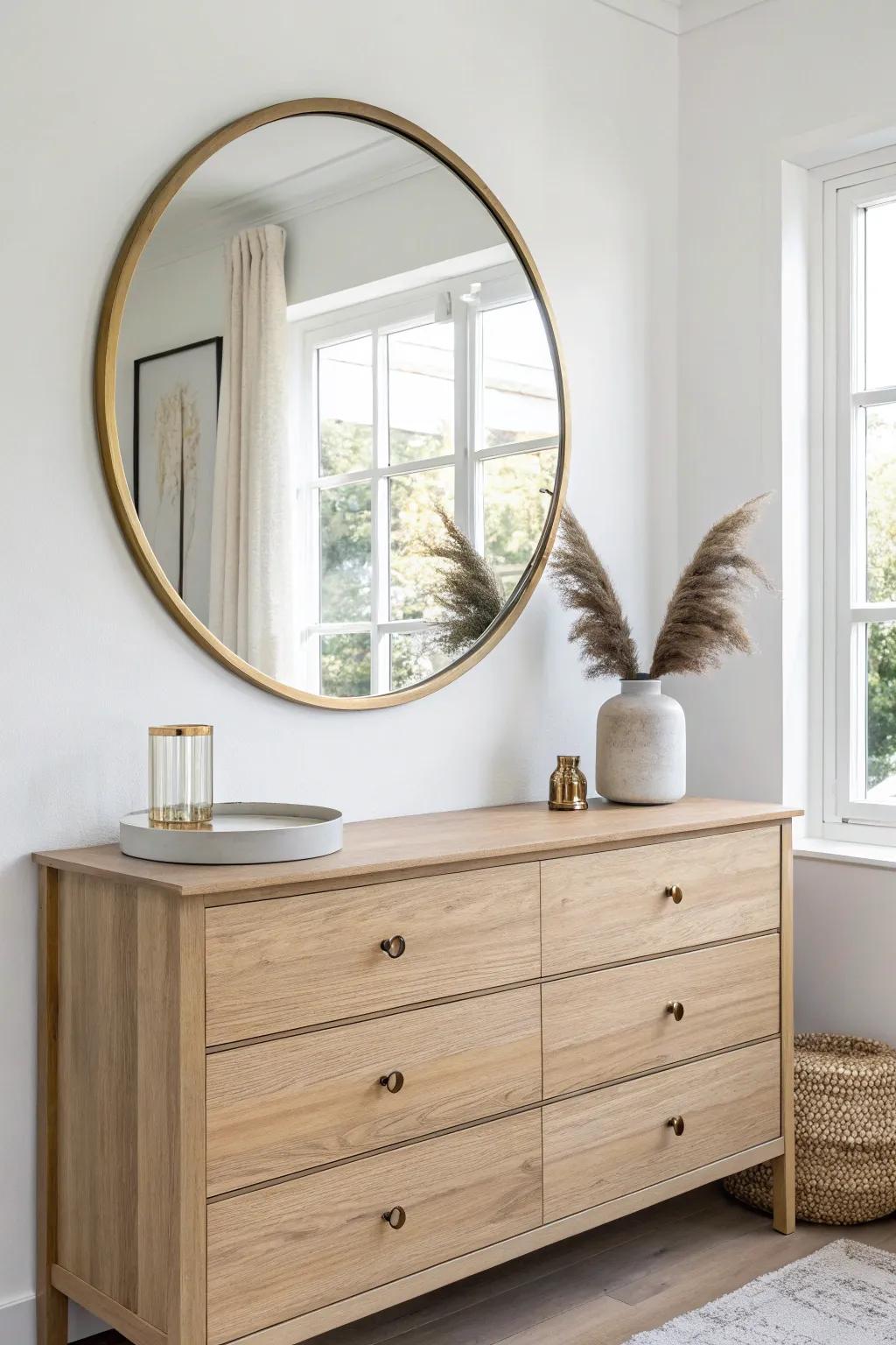 An oversized mirror above the dresser instantly brightens the room and adds airy depth.