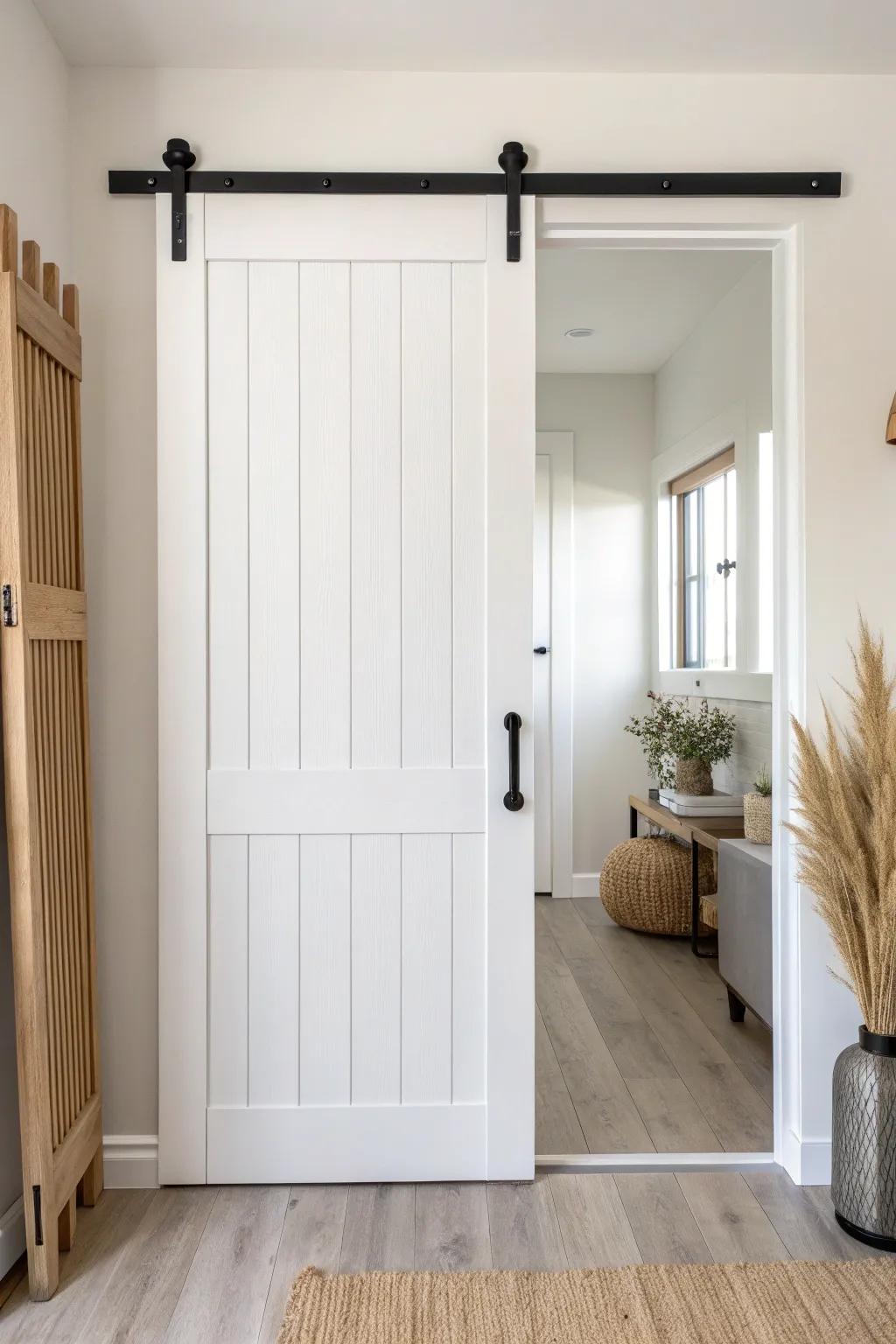 Crisp vertical planks and matte black hardware—timeless white barn door for small spaces.