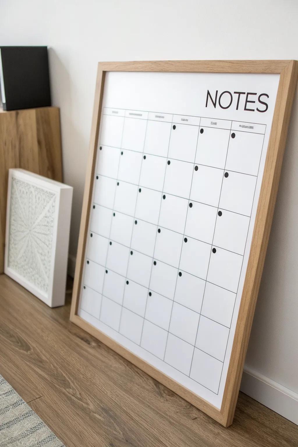 Crisp washi-tape grid turns your whiteboard into a calm calendar + a slim notes column.