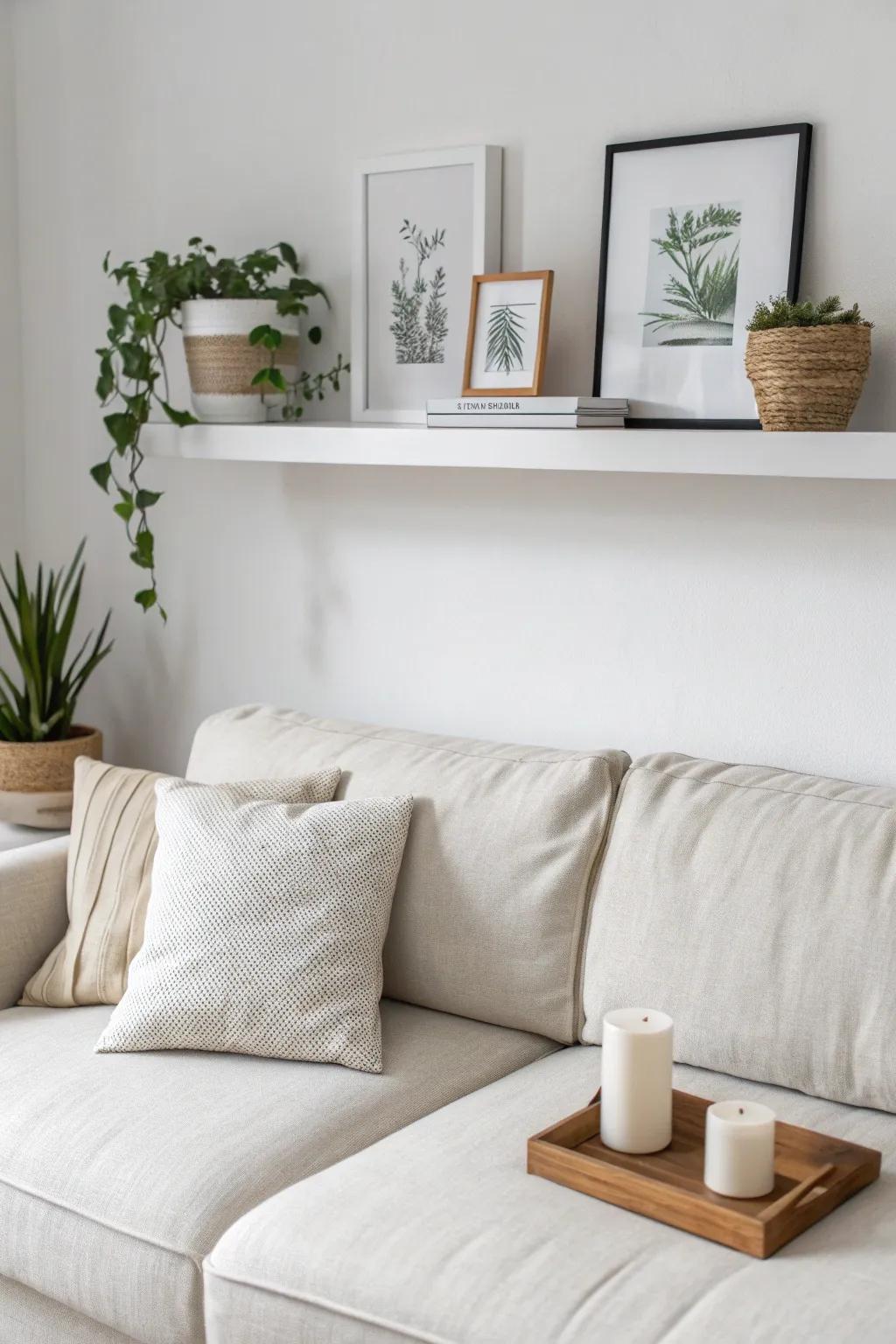 Crisp white floating shelves above the sofa—airy styling that makes a small living room feel bigger.