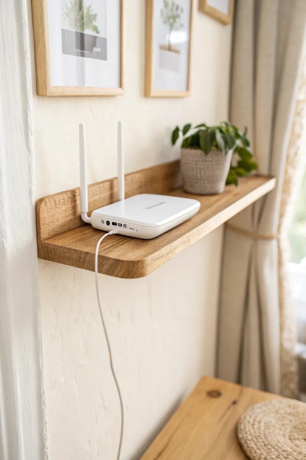 A slim floating shelf + paintable cable cover keeps your Wi‑Fi setup calm and airy.
