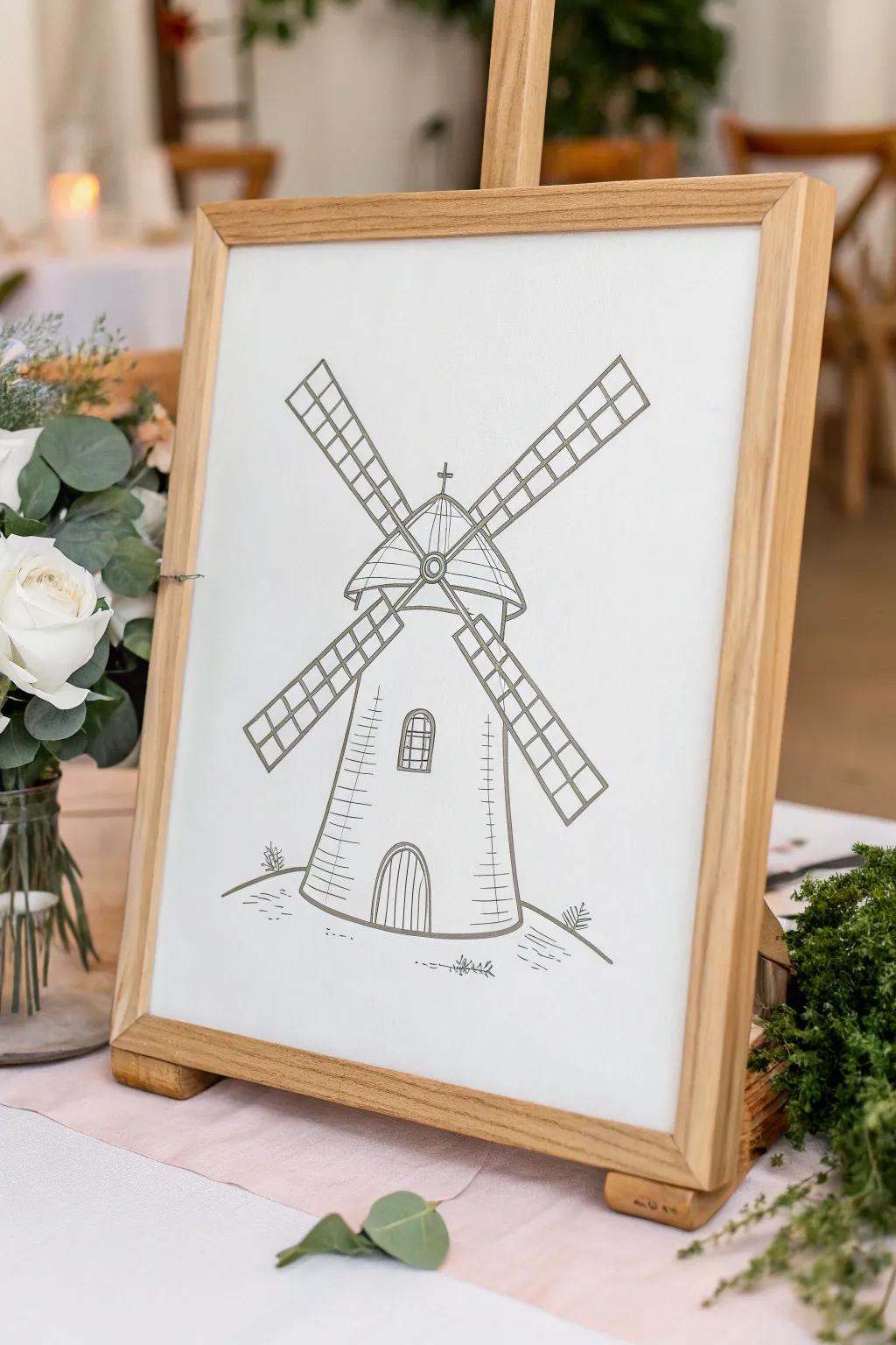 Embrace simplicity with this elegant line drawing of a classic windmill, perfect for adding a touch of minimalist charm to any space.