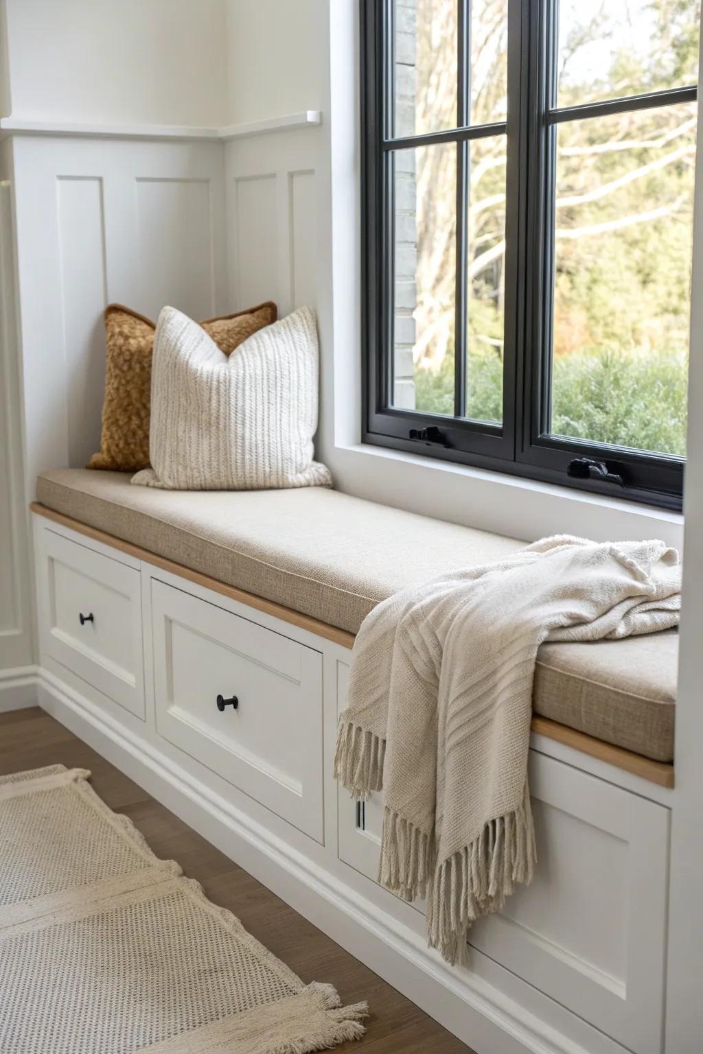 Classic built-in window bench with deep drawers—stash blankets and keep your small space serene.