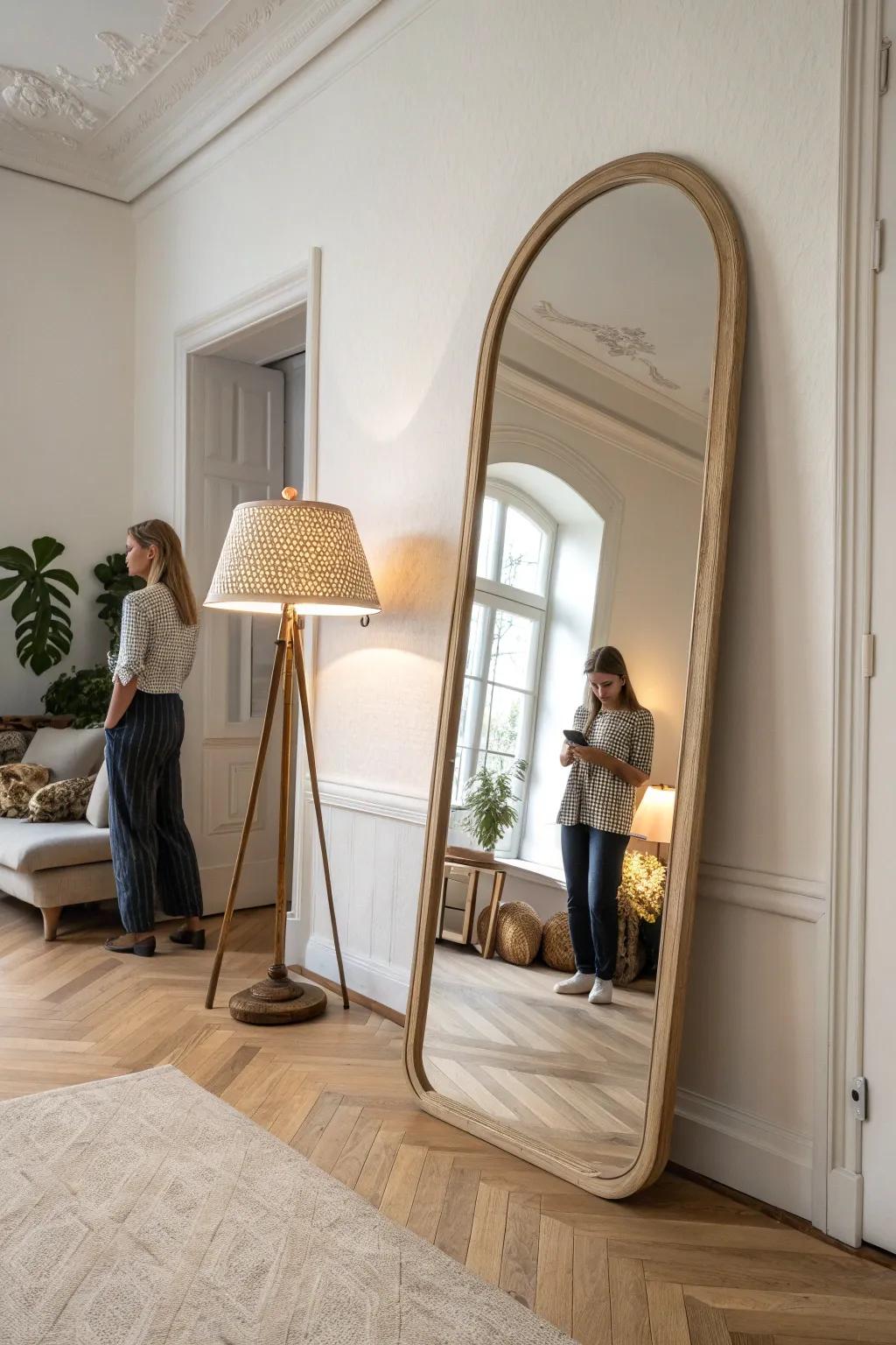 One oversized mirror can mimic a window—bounce lamp light and double the depth instantly.