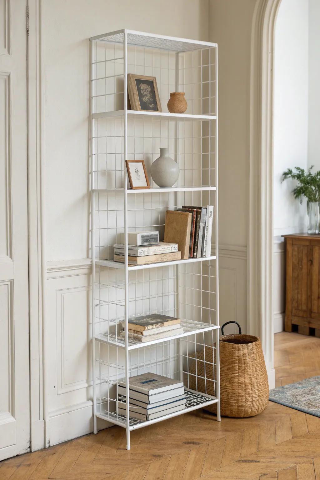 Classic wire rack bookcase: heavier hardcovers below, lighter reads above for built-in stability.
