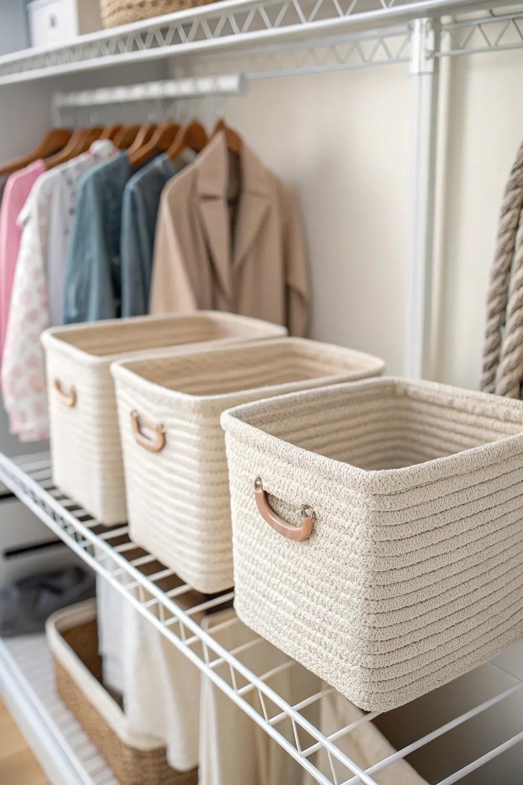 Matching handled bins on wire shelves instantly calm closet clutter in small spaces.