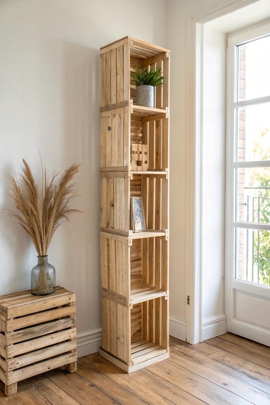 Stacked wood crates create a built-in look—airy, minimal, and perfect for small-space storage.