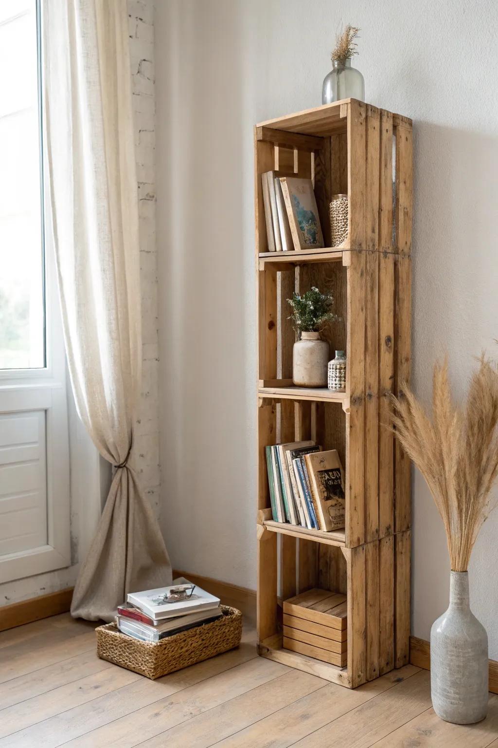 Stacked wooden crates make a slim, corner-friendly bookshelf with warm minimalist charm.