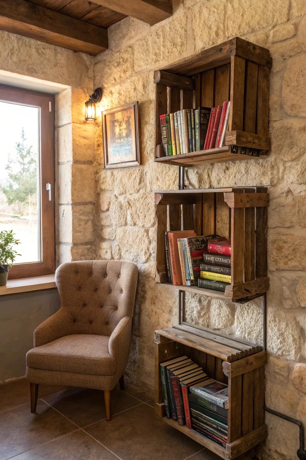 Transform your space: rustic wooden crates bring charm and function to your book nook.