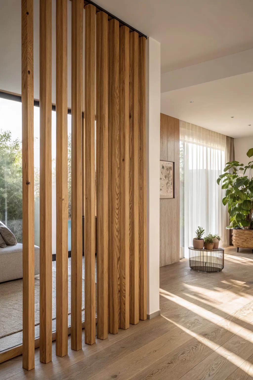 Light oak vertical slats that divide a small living room while keeping it bright and airy.