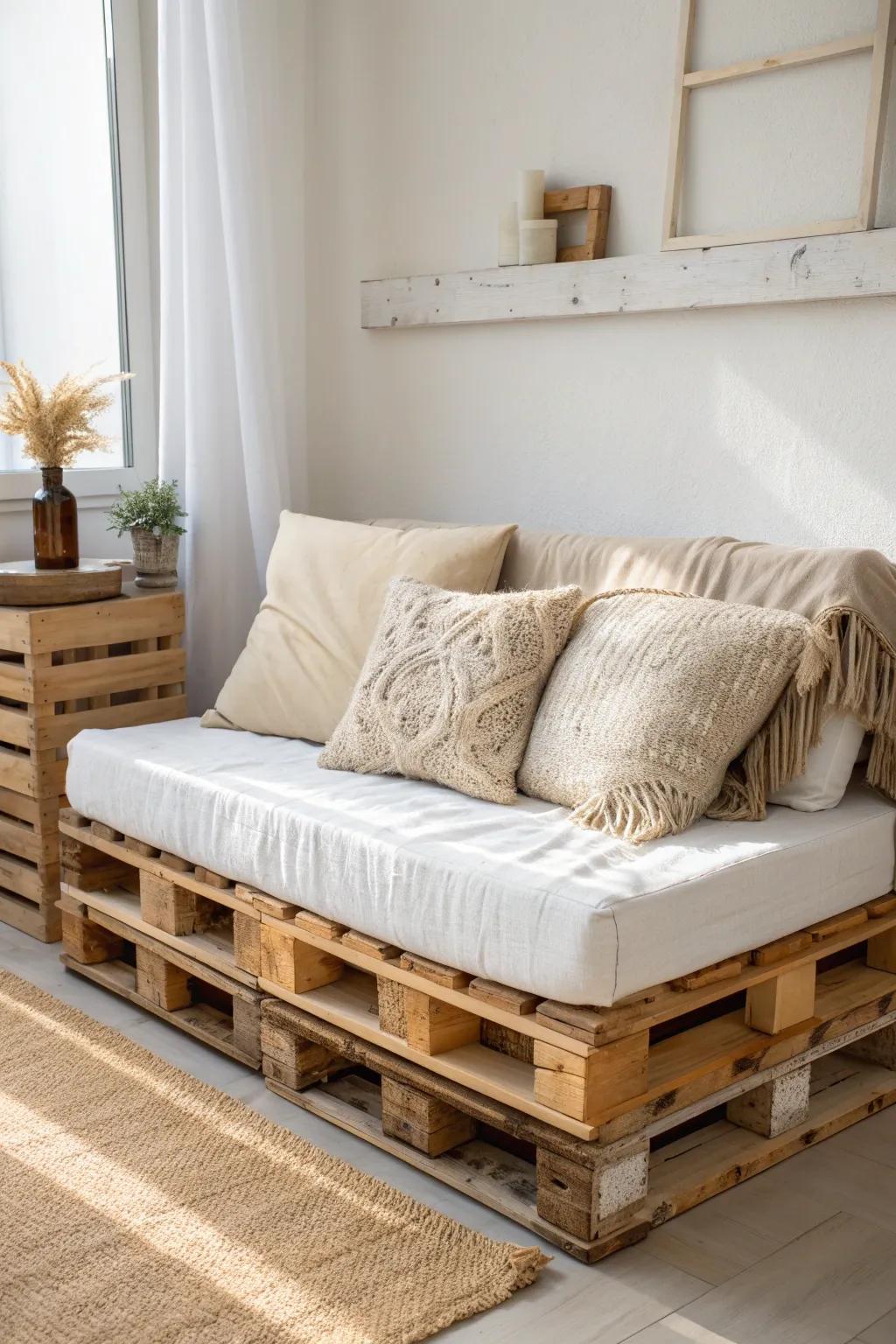 A minimalist pallet sofa with thick cushions—small-space seating that feels effortlessly styled.