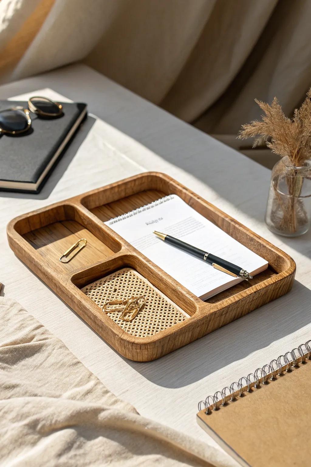 Prime real estate: keep only weekly essentials on your desk for instant breathing room.