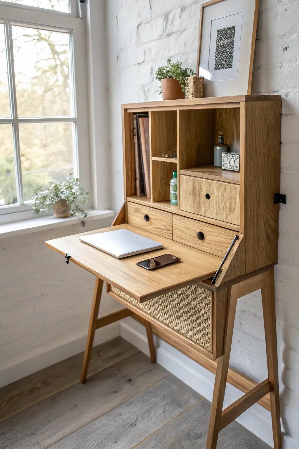 A tiny fold-down desk turns any corner into your official work zone—then folds away.