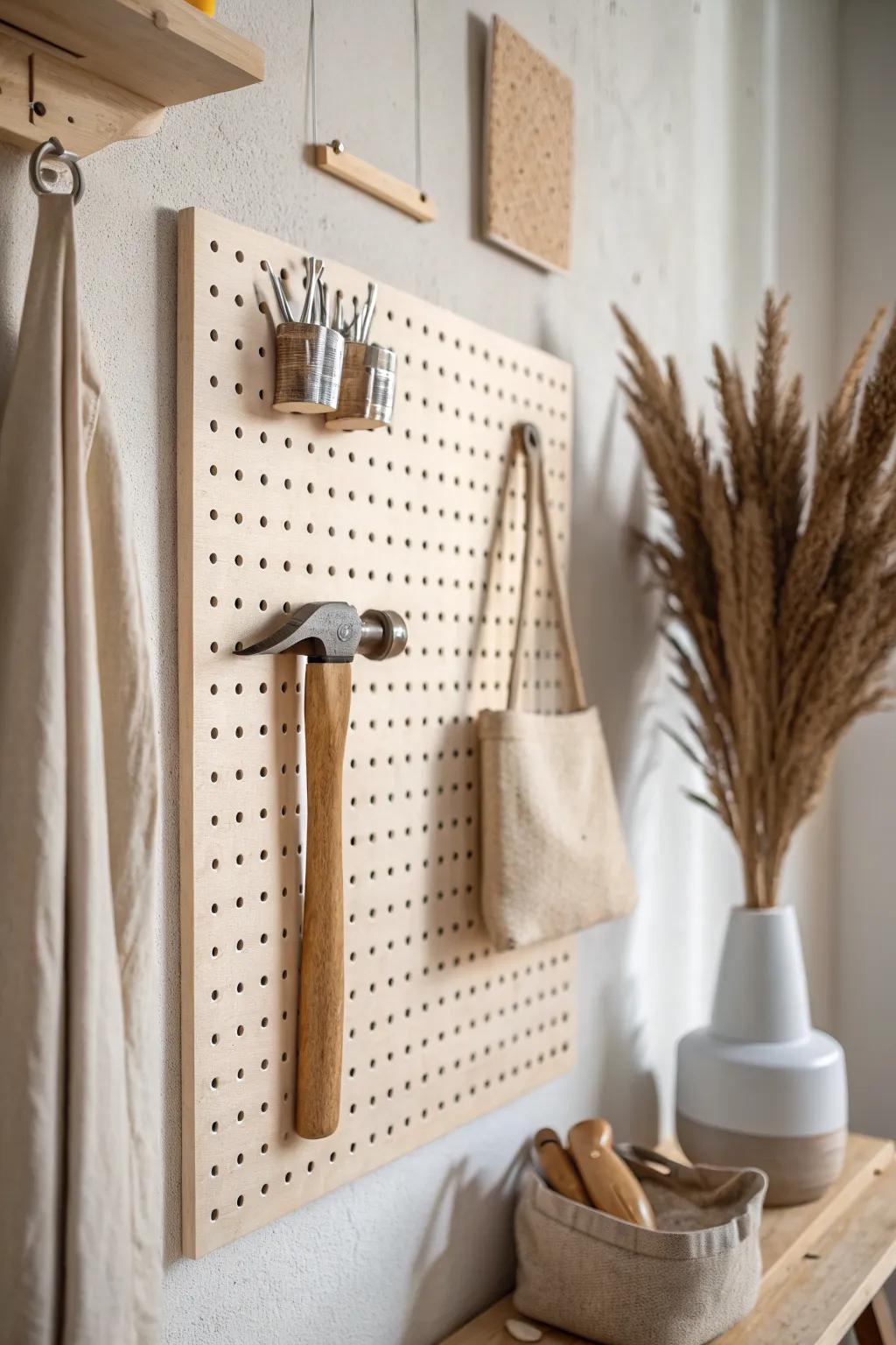 A clean birch pegboard puts your go-to tools in view—perfect for a one-minute reset.