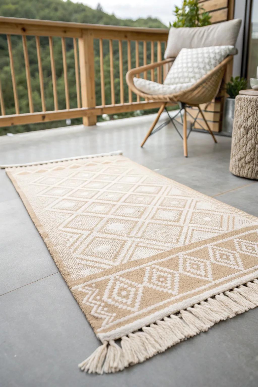 Define lounge and dining zones fast—one outdoor rug makes a wraparound balcony feel intentional.