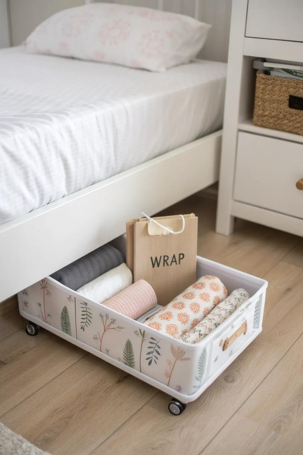 Slim under-bed rolling bin keeps wrapping paper rolls tidy, labeled, and out of sight.