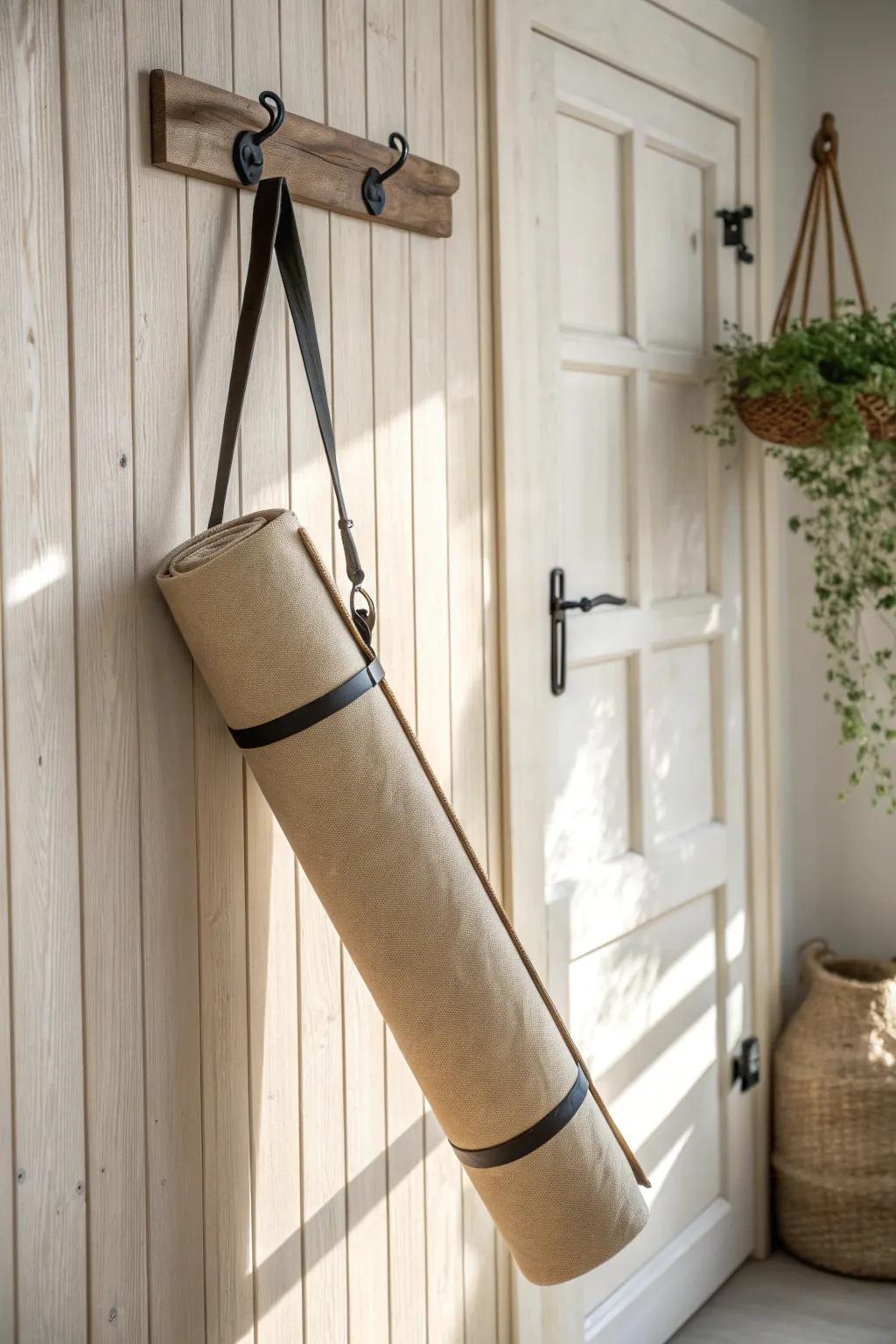 Keep your yoga mat off the floor—stylish wall hooks by the door make storing it effortless.