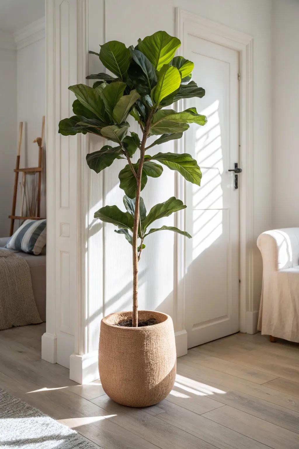 One oversized plant instantly softens a small living room—styled, airy, and clutter-free.