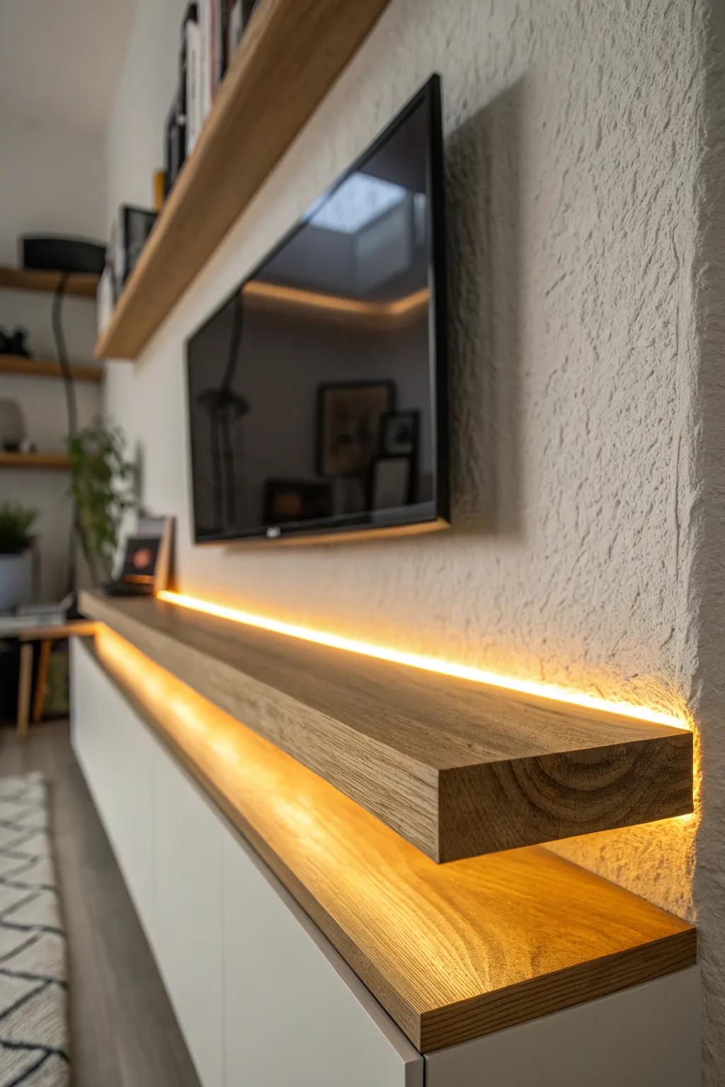 Condo lighting tip: a slim under-shelf LED glow layers warmth without stealing space.