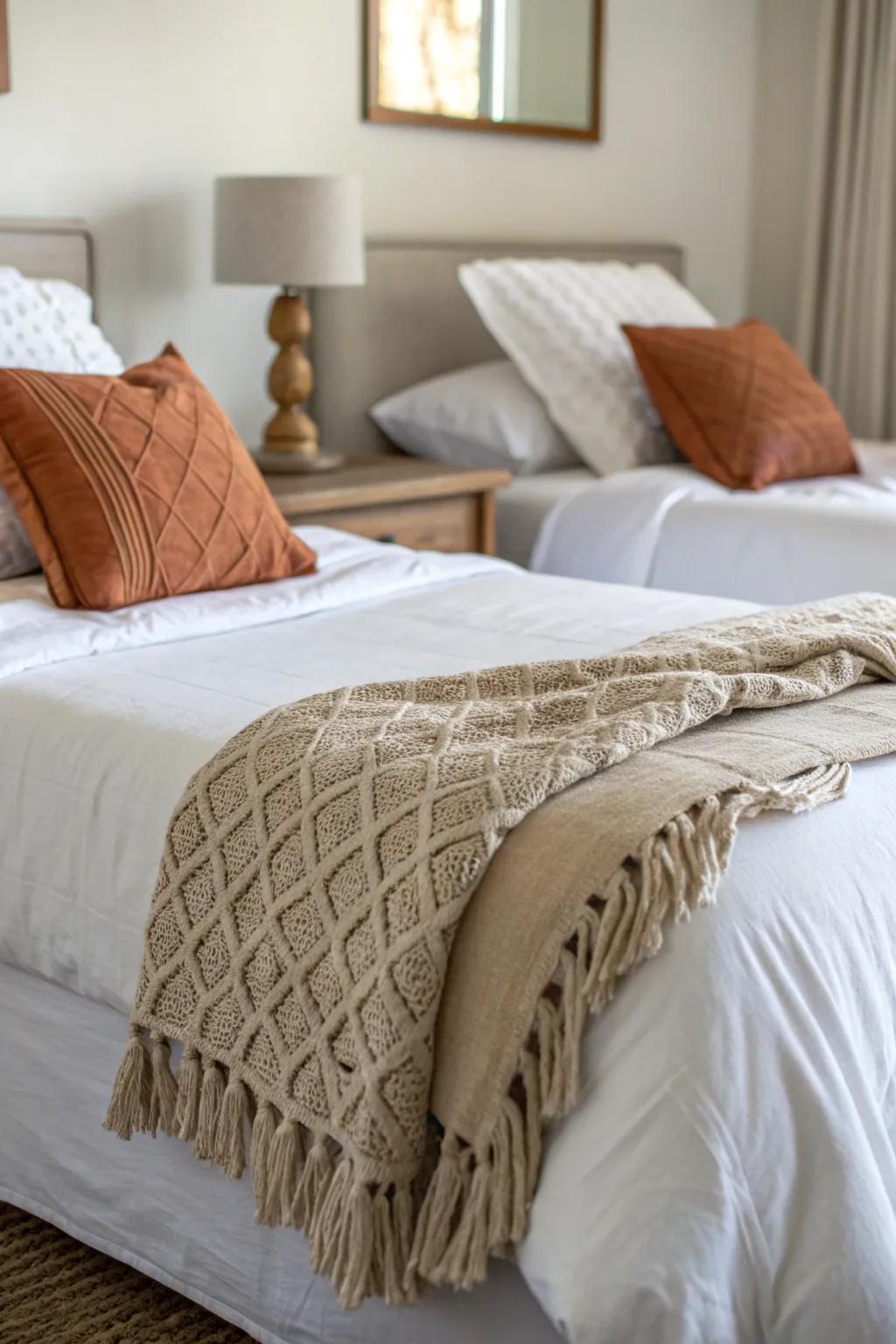 Same crisp bedding, different accent corners—terracotta vs sage for two adults sharing one room.