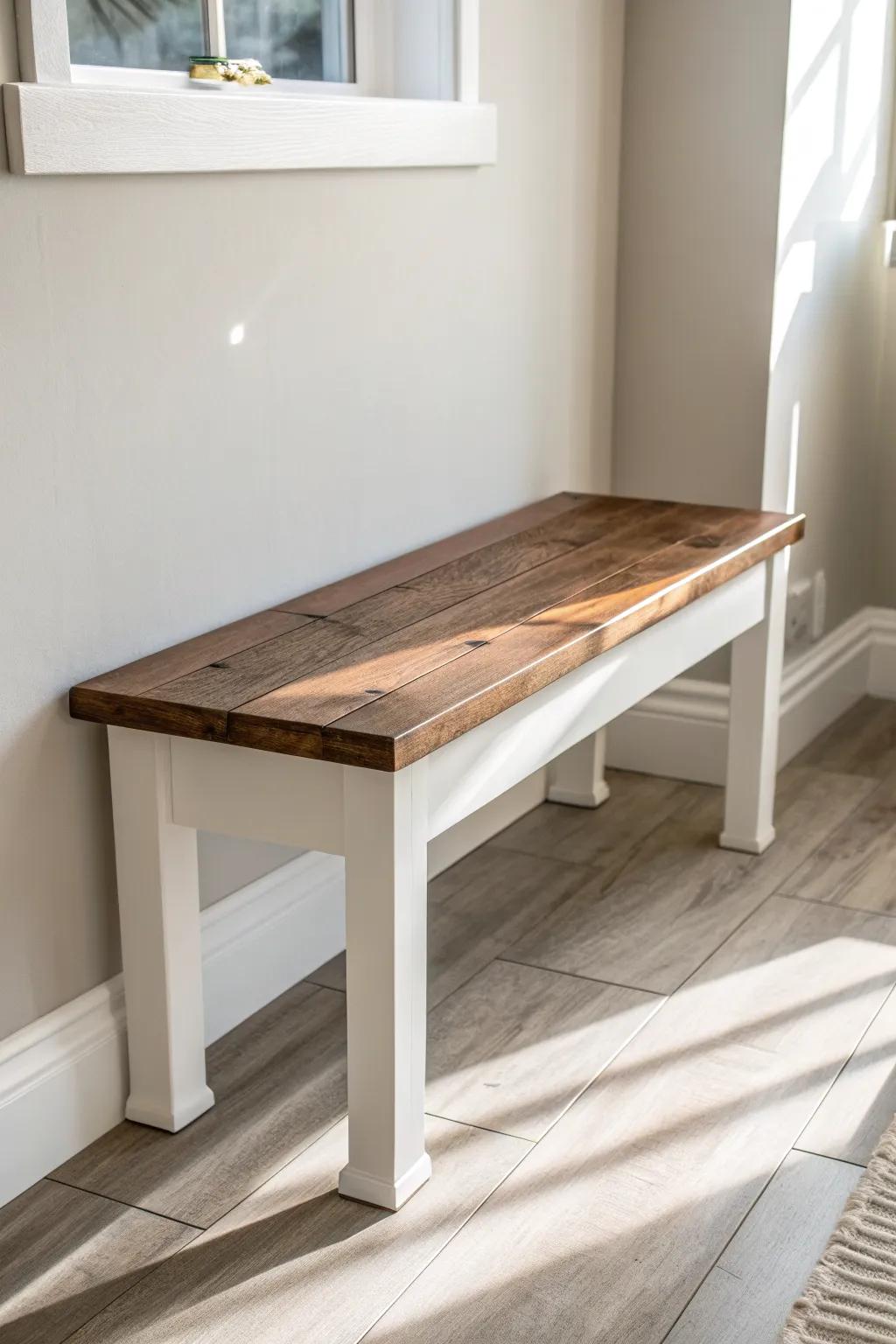 DIY two-tone 2x4 bench—painted base + stained seat for a high-end look in small spaces.