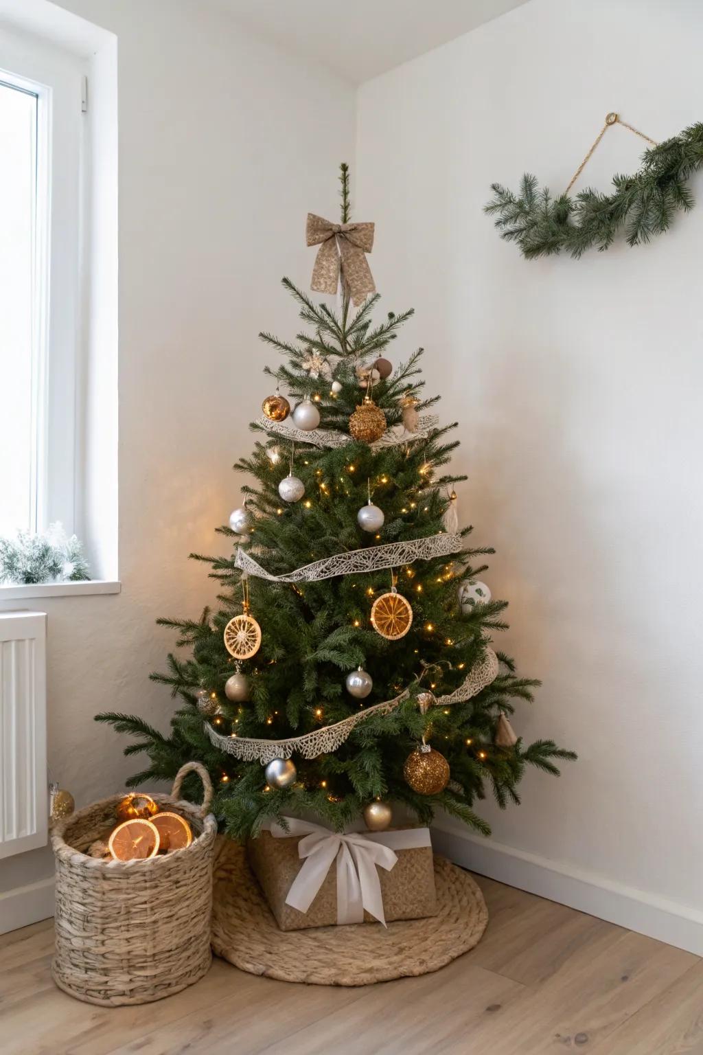 4ft tree in a tight corner—linen ribbon, warm lights, and handcrafted boho-minimal ornaments.