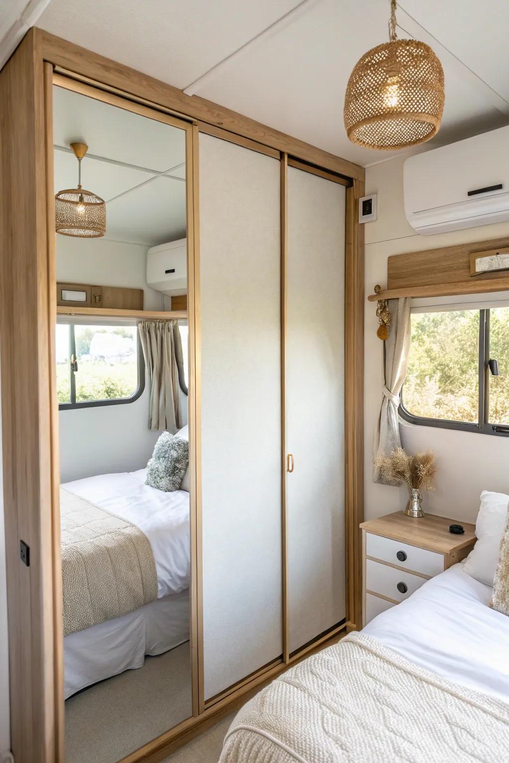 A mirrored closet panel bounces daylight around your RV bedroom for instant spaciousness.