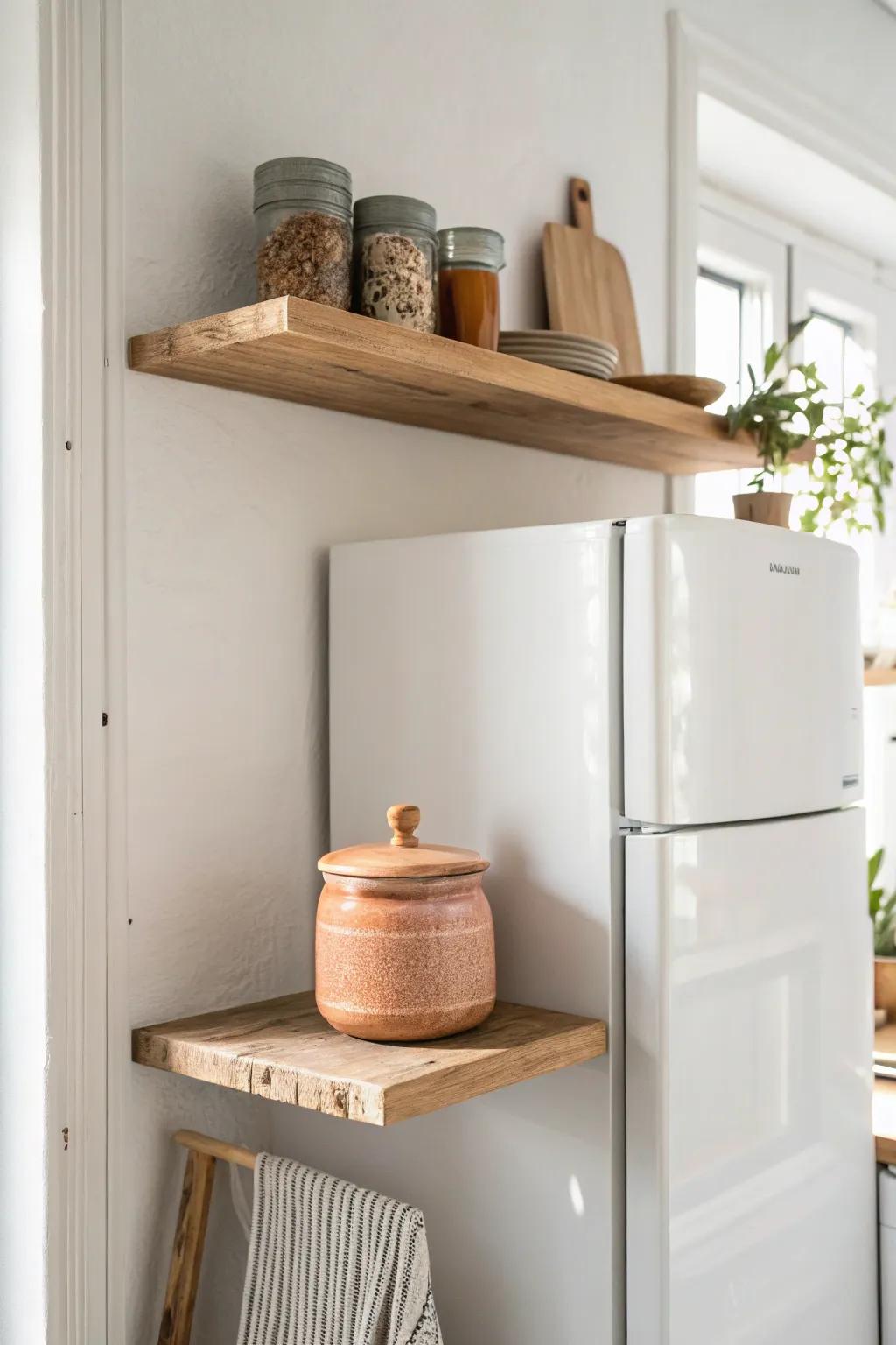 A floating shelf above the fridge makes unused space feel built-in—simple, warm, and tidy.