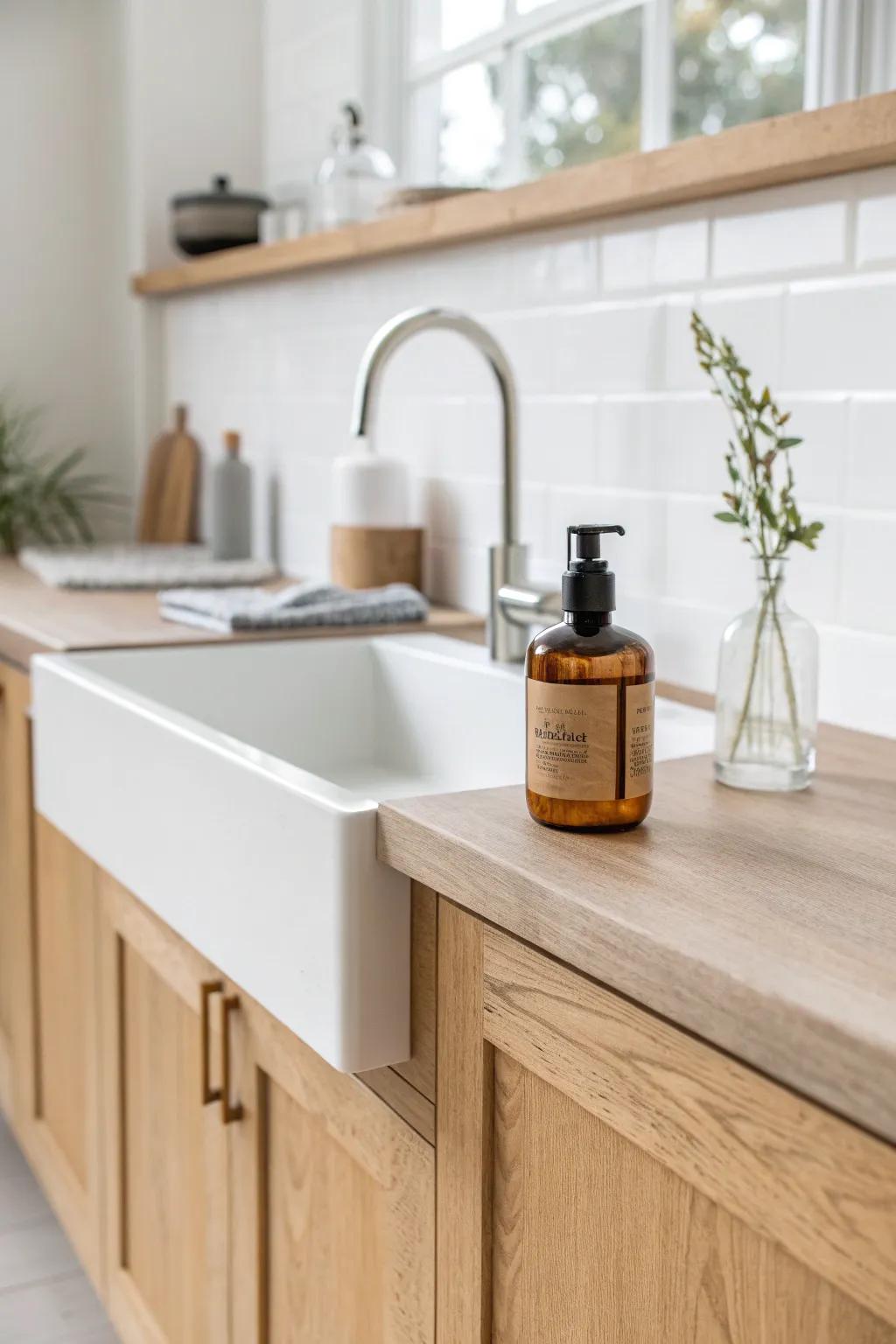 A slim oak shelf above the sink keeps daily essentials handy without crowding the faucet.