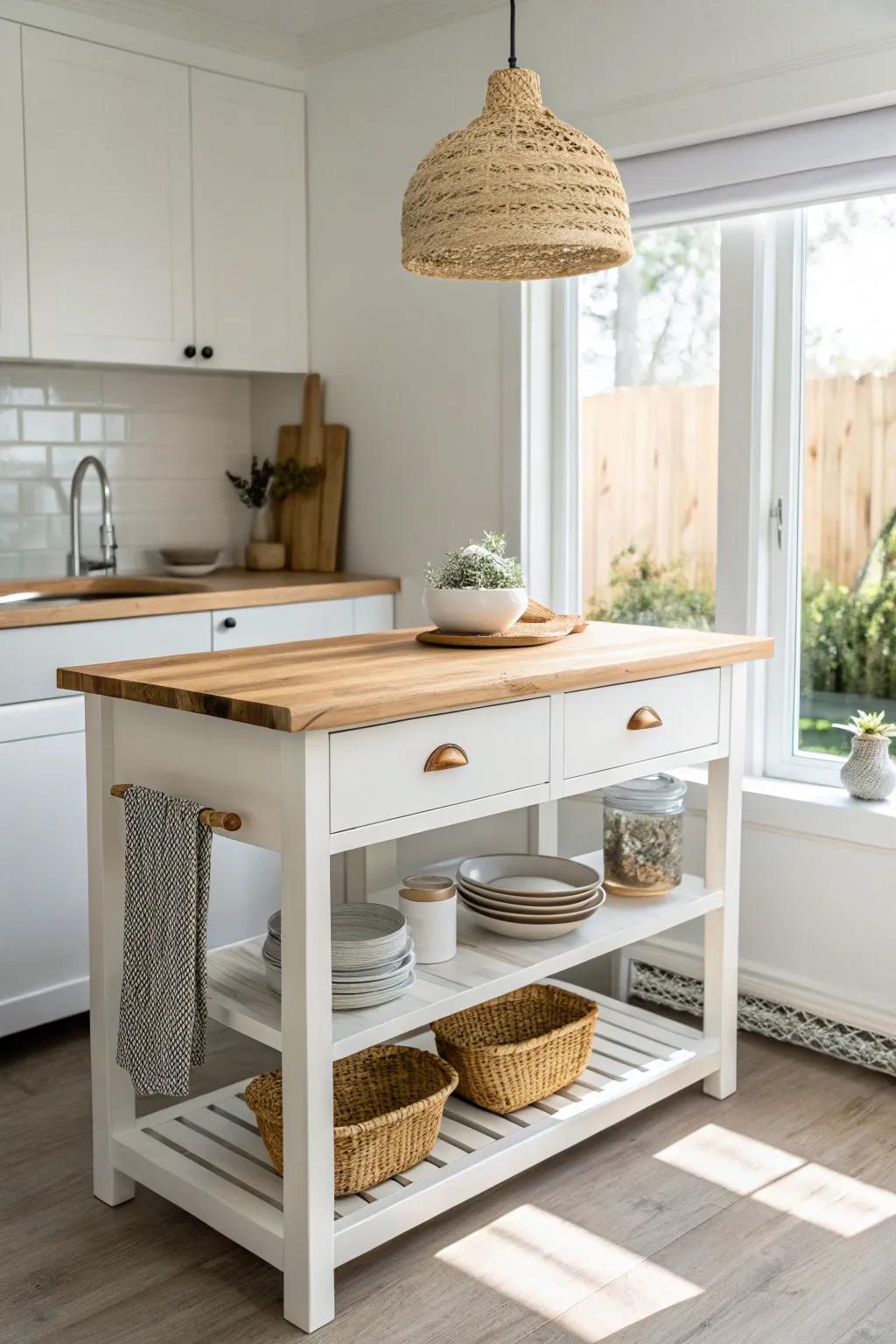 A compact kitchen island that doubles as prep space, dining nook, and WFH perch in an ADU.