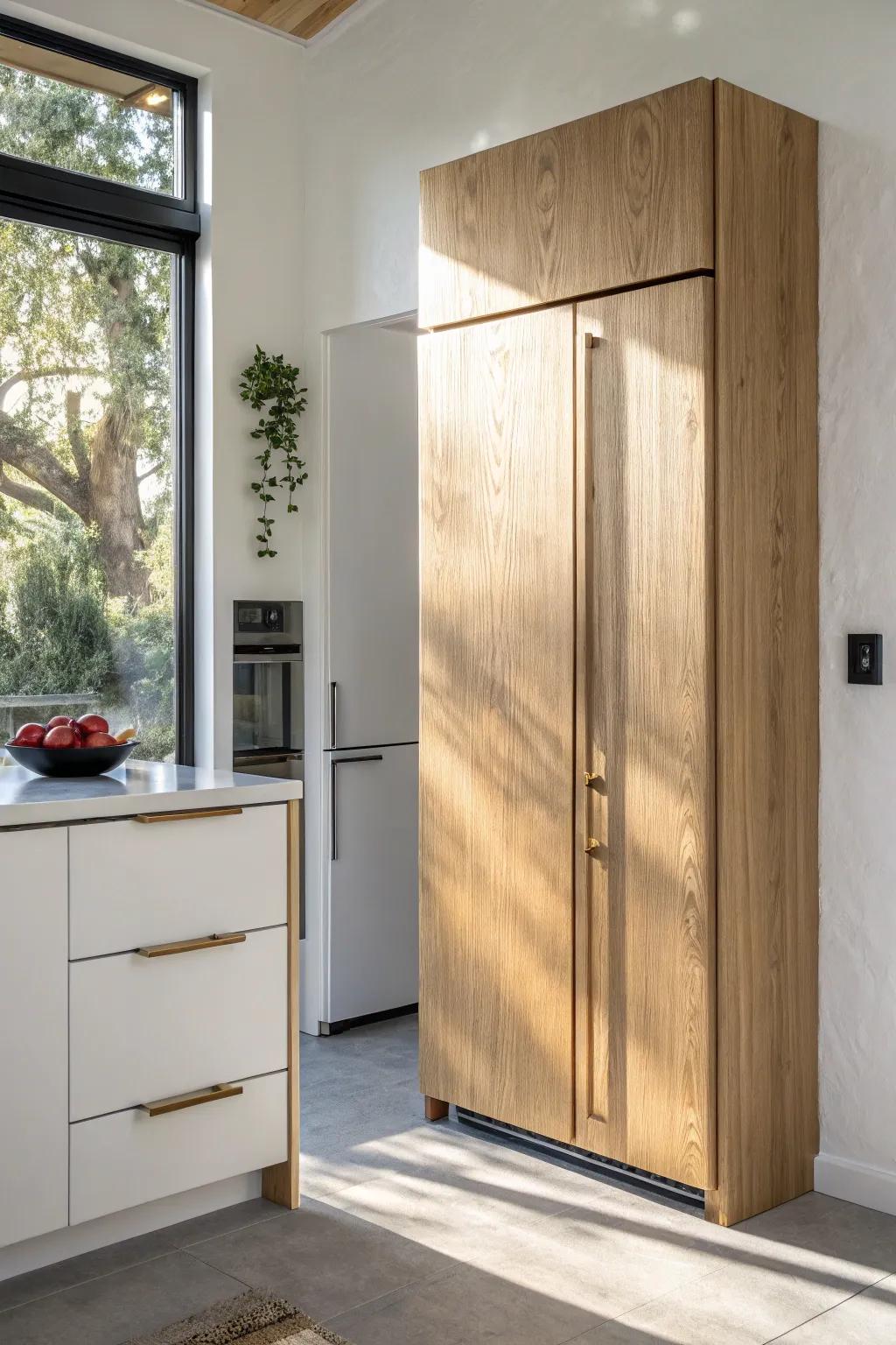 A flush, integrated fridge instantly gives a small ADU kitchen a full-size, built-in feel.