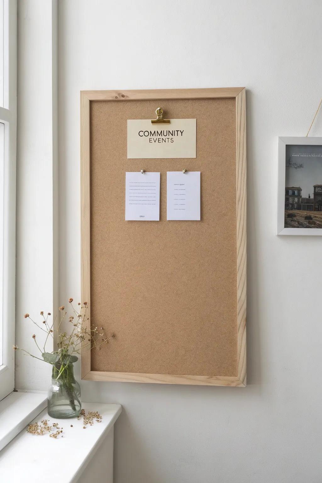 A chic community board for local events, donation drives, and helpful numbers—simple and inviting.