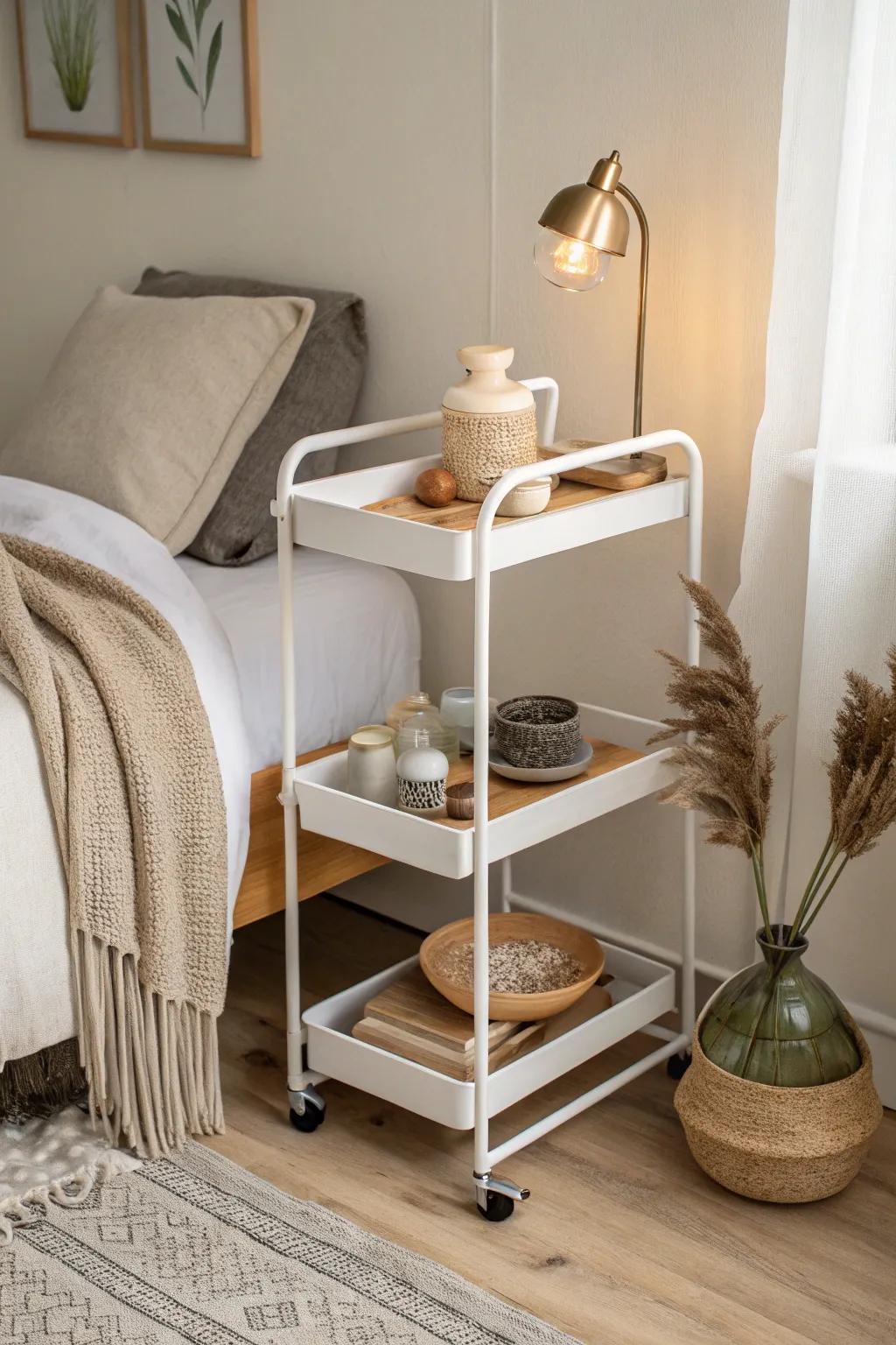 Turn a rolling cart into a chic nightstand—lamp and catchall on top, clutter tucked below.